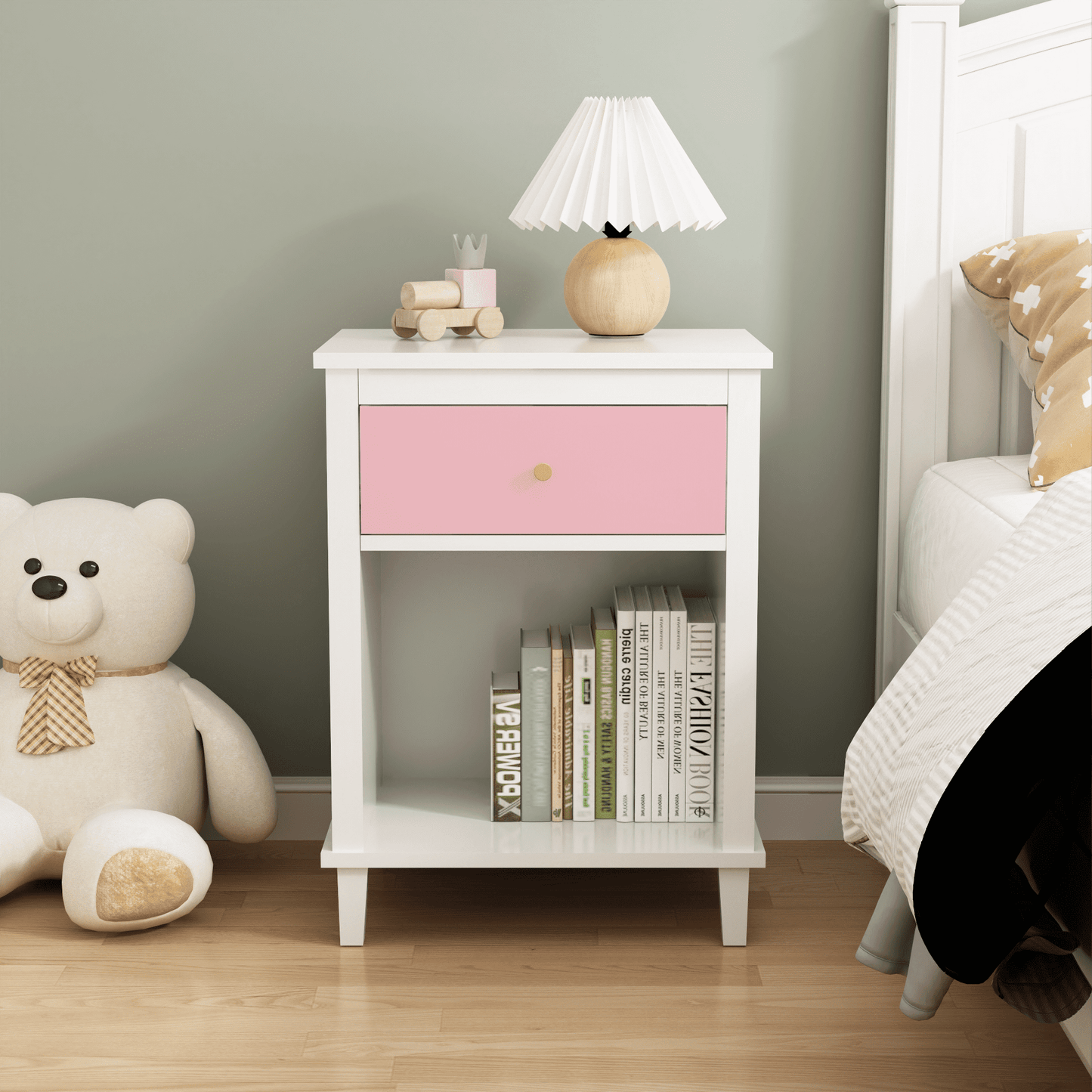 Yoneston Kids Modern Nightstand with Drawer and Open Shelf, Simple Bedside Table for Bedroom, Kids Room, White+Pink