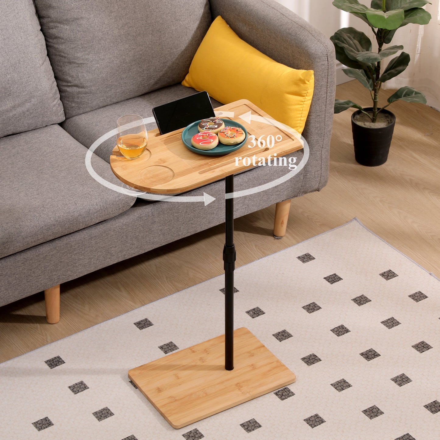 Yoneston Natural C-Shaped End Table Rotating Adjustable Height Couch Tray Table Bedside Table with Wine Slots & Phone Holder for Bed Sofa Bathtub, Oval