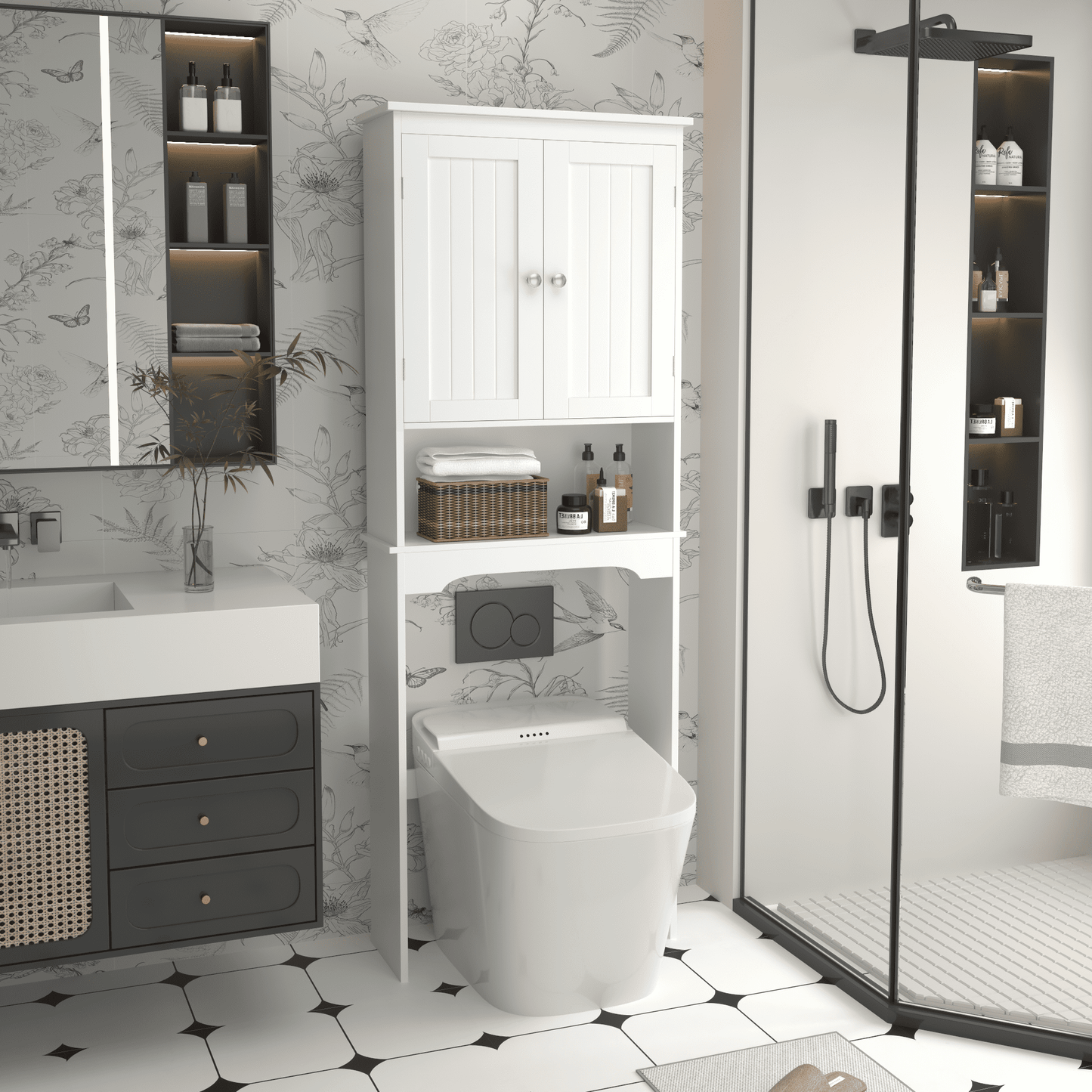 Yoneston Over The Toilet Storage Cabinet with Adjustable Shelves, Wood Bathroom Space Saver with Door, White