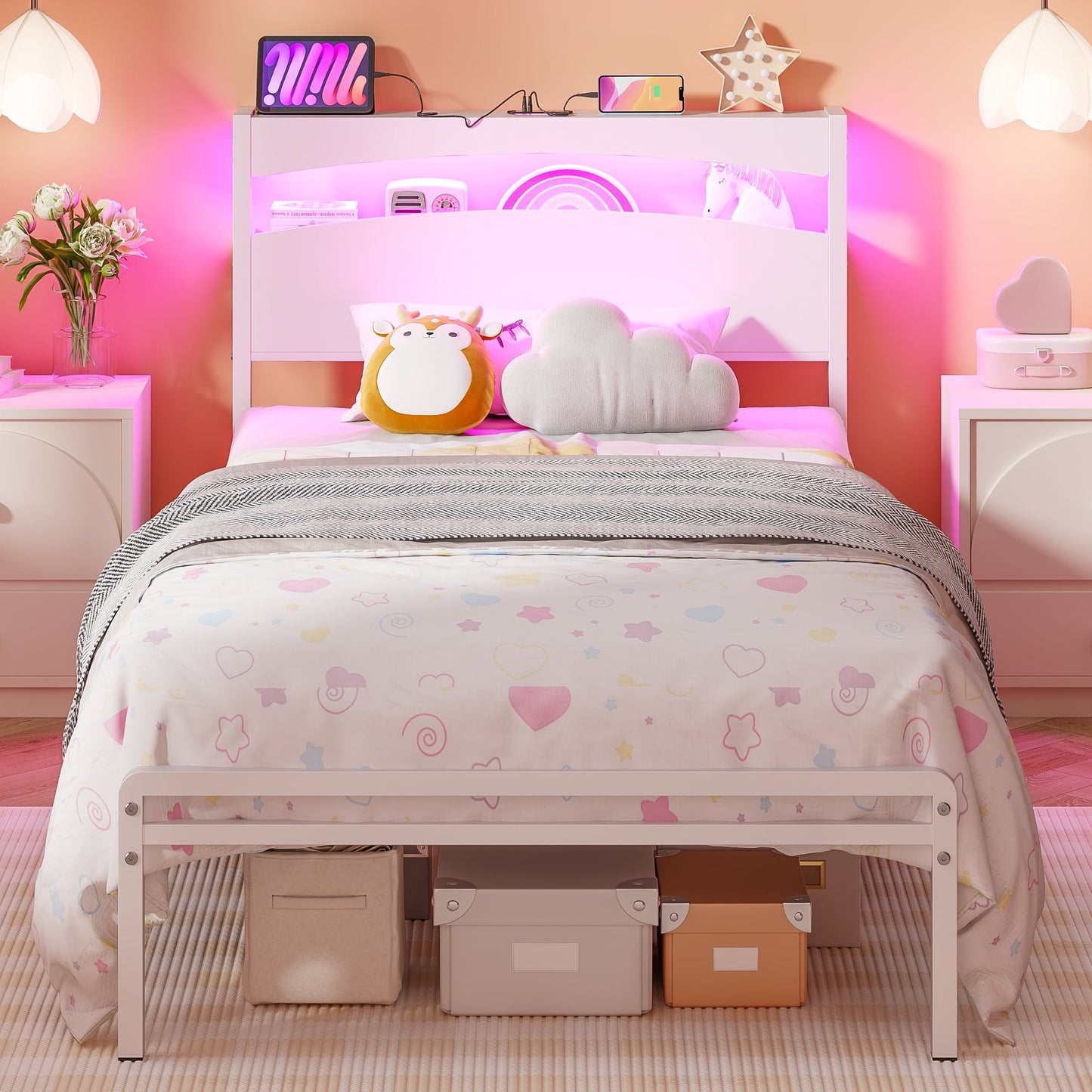 Yoneston Twin LED Light Metal Platform Bed Frame with 2-Tier Storage USB Port Charging Station Headboard for Kids Boys Girls, White