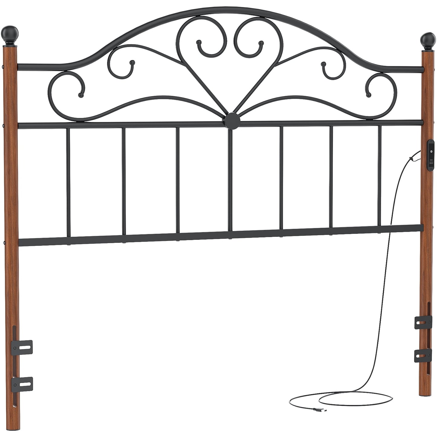 Yoneston Vintage Metal Queen Headboard with Charging and 3-Level Height Adjustment for Queen Adult Bed, Black