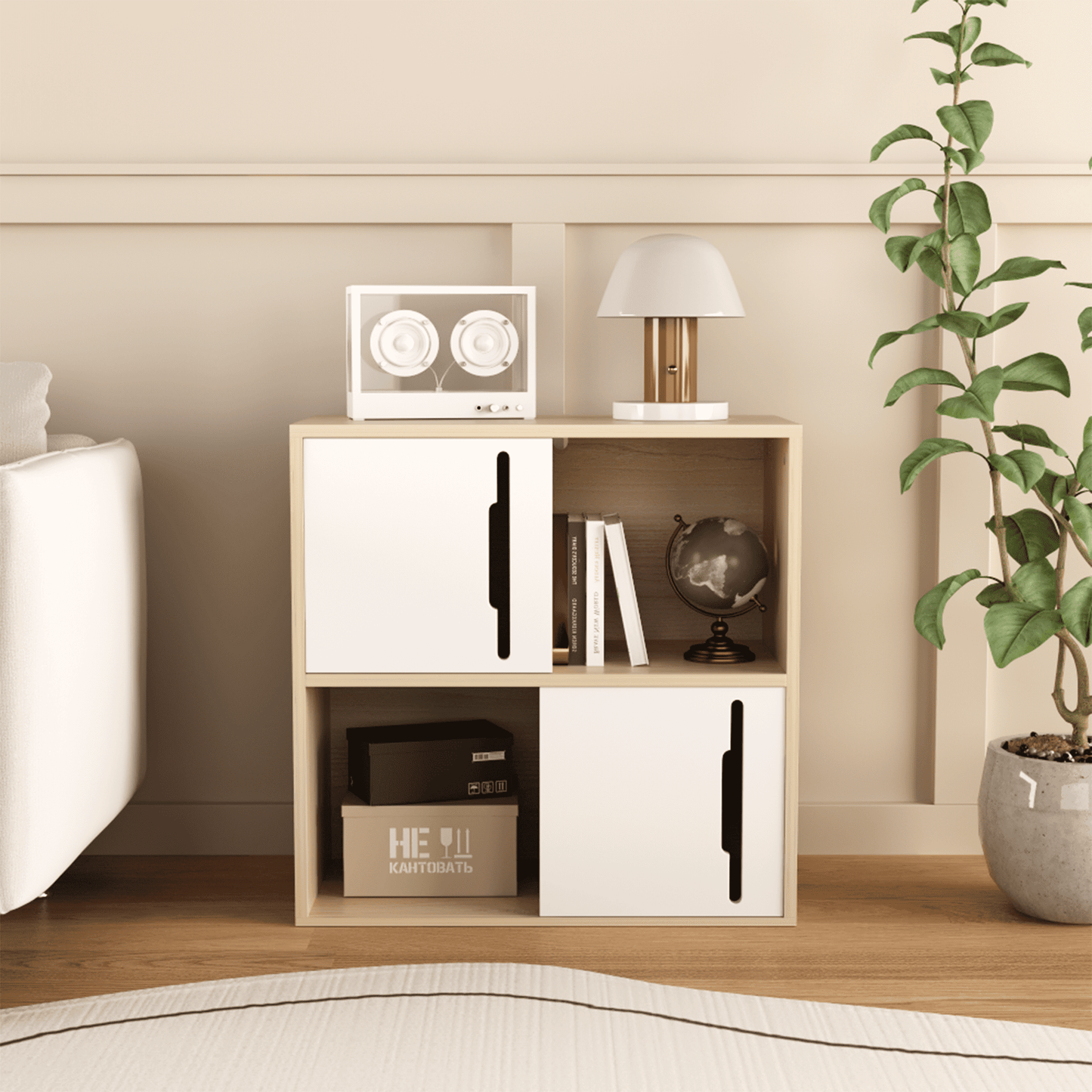 Yoneston Wooden Cube Storage Organizer with Doors, 2-Tier Open and Closed Shelves Bookshelf Cabinet for Living Room, Bedroom, Kids'Room, White