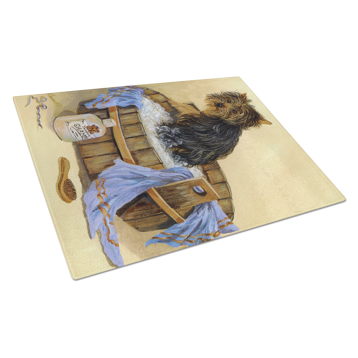 Yorkie Bath Time Glass Cutting Board Large PPP3244LCB
