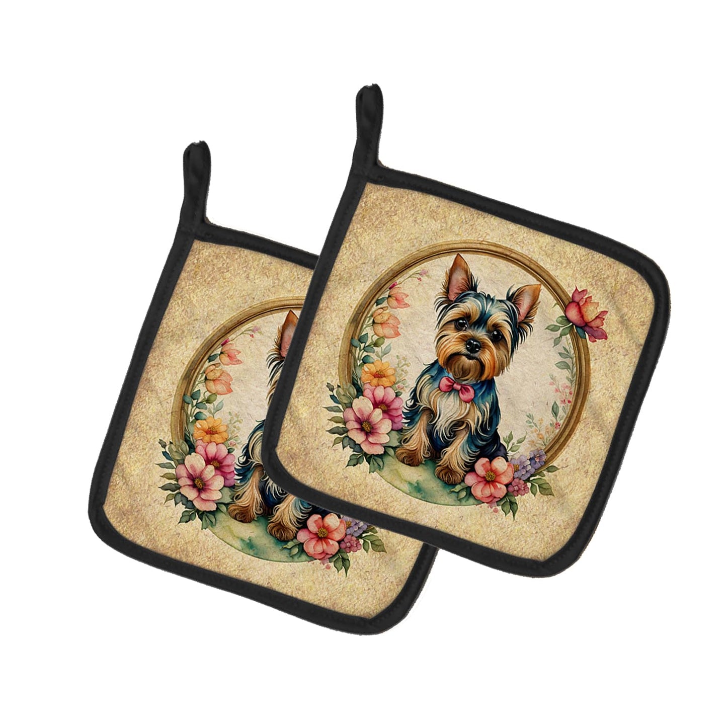 Entlebucher Mountain Dog and Flowers Pair of Pot Holders