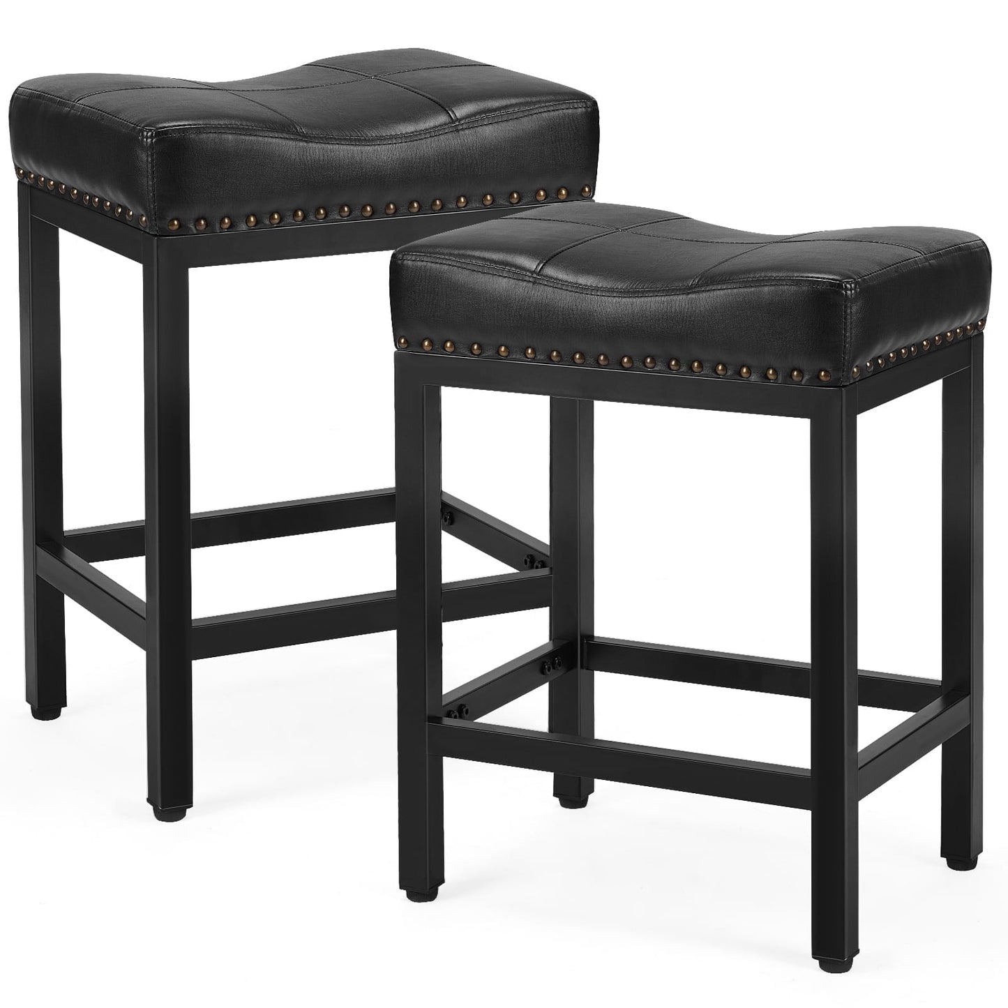 ZUNMOS Bar Stools Set of 2, 24 Inch Modern Counter Height, Metal Base, PU Leather Saddle Seats, Black