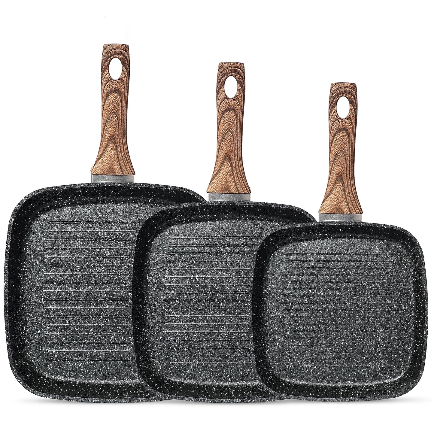 EDX 3 Piece Nonstick Grill Pans, Square Frying Pans Set with Stay Cool Handle ,for Indoor Outdoor RV Camping Cooking, Black