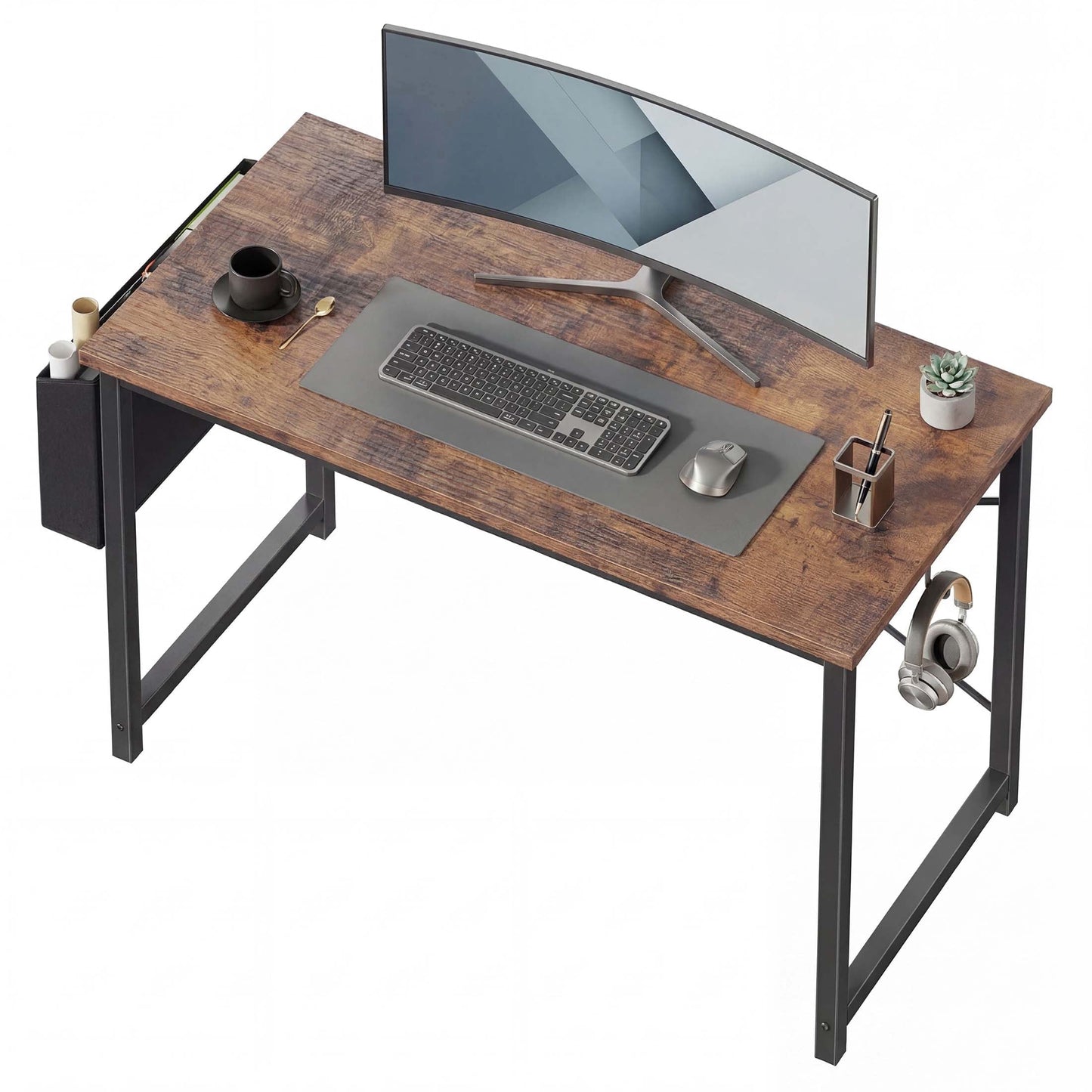 edx 47" Home Office Desk for Small Spaces, Computer Desk with Storage Bag & Hook, Modern Simple Style Study Writing Table for Bedroom, Rustic Brown