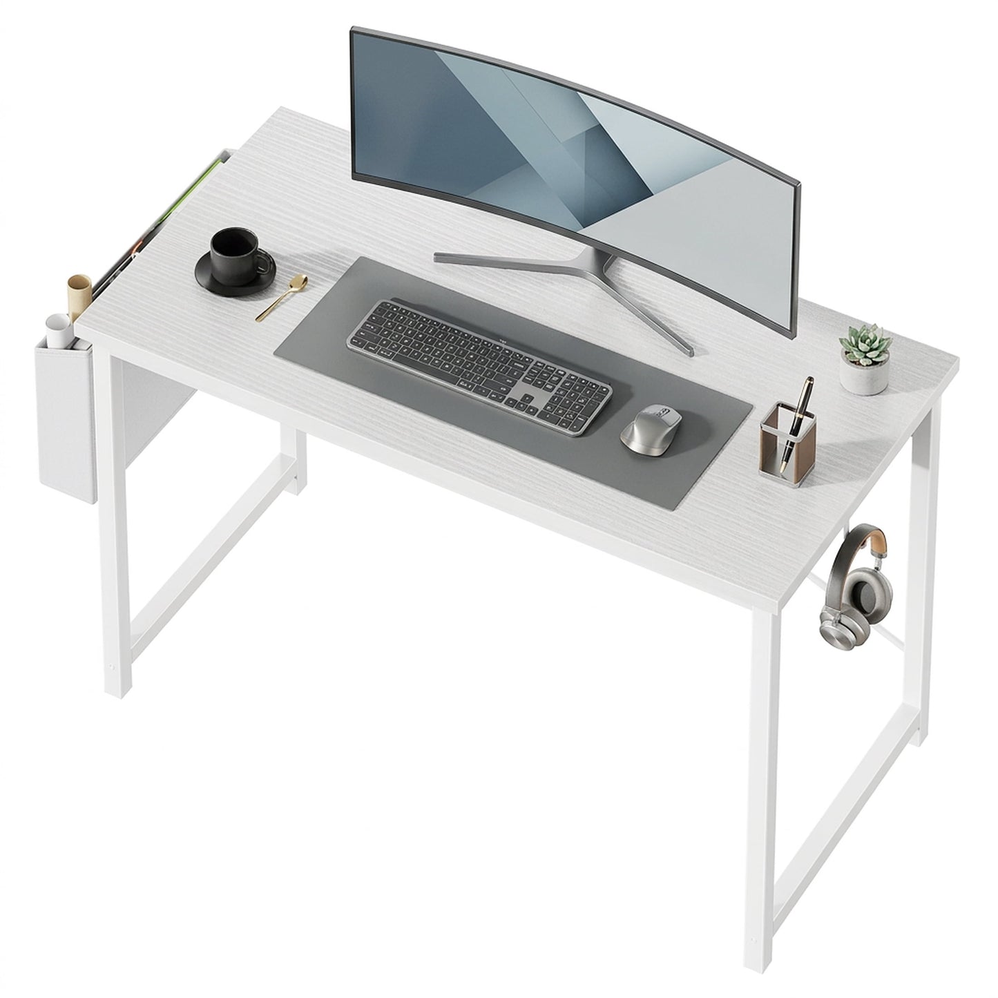 edx 47" Home Office Desk for Small Spaces, Computer Desk with Storage Bag & Hook, Modern Simple Style Study Writing Table for Bedroom, White