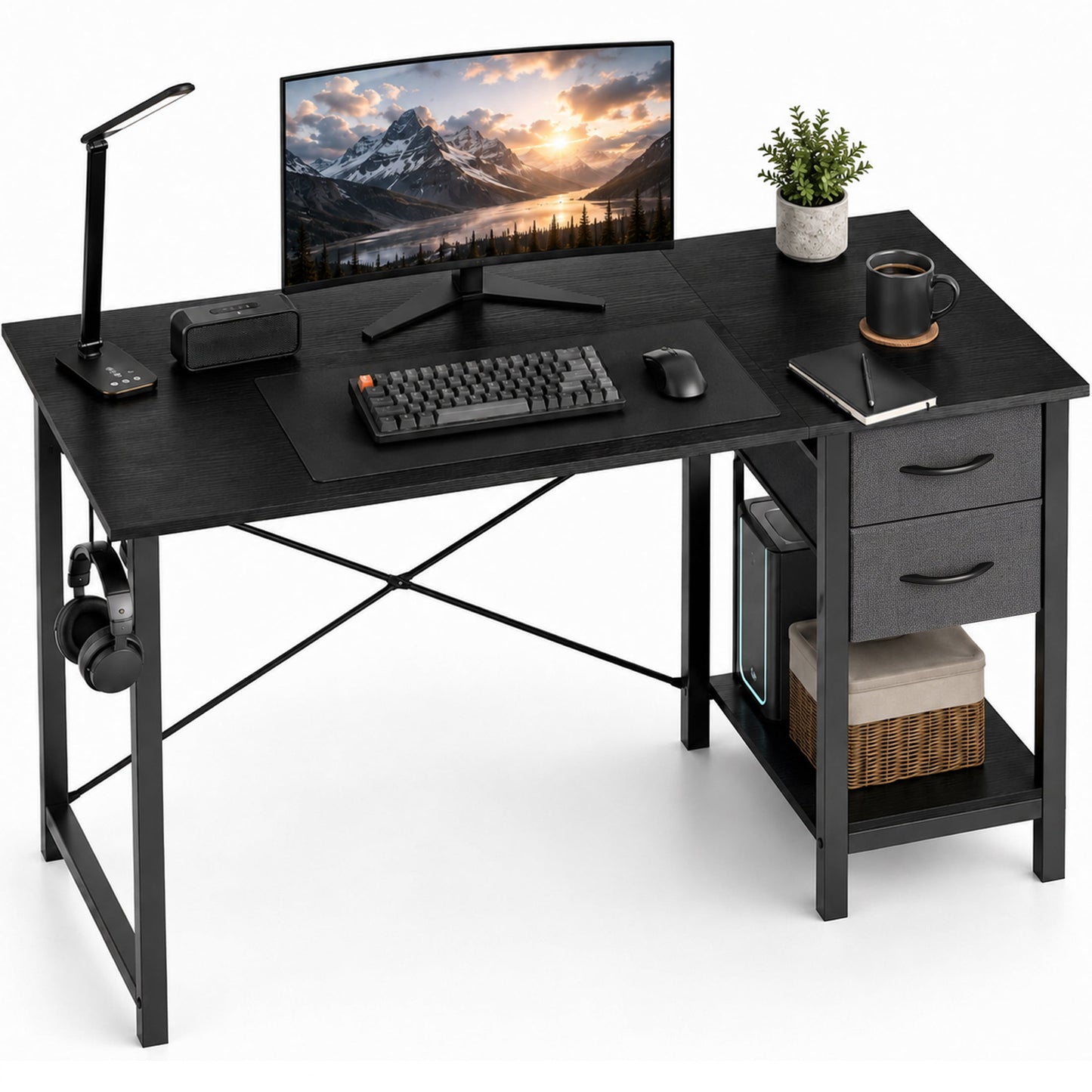 edx 47†Home Office Computer Desk with 2 Fabric Drawers, Storage Shelf, X-Frame Support, Spacious Computer Workstation Writing and Study Desk,Black Grain