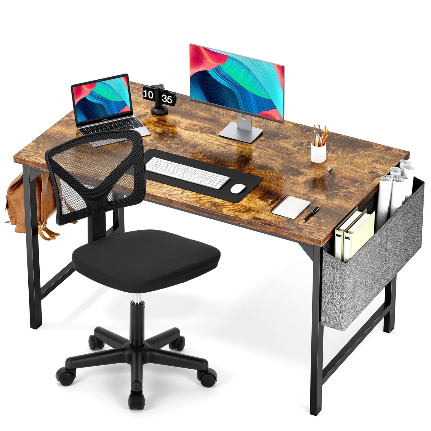edx Computer Desk and Home Office Chair Set, 47 Inch Writing Table with Storage Bag & Armless Mesh Desk Chair For Home, Rustic Brown