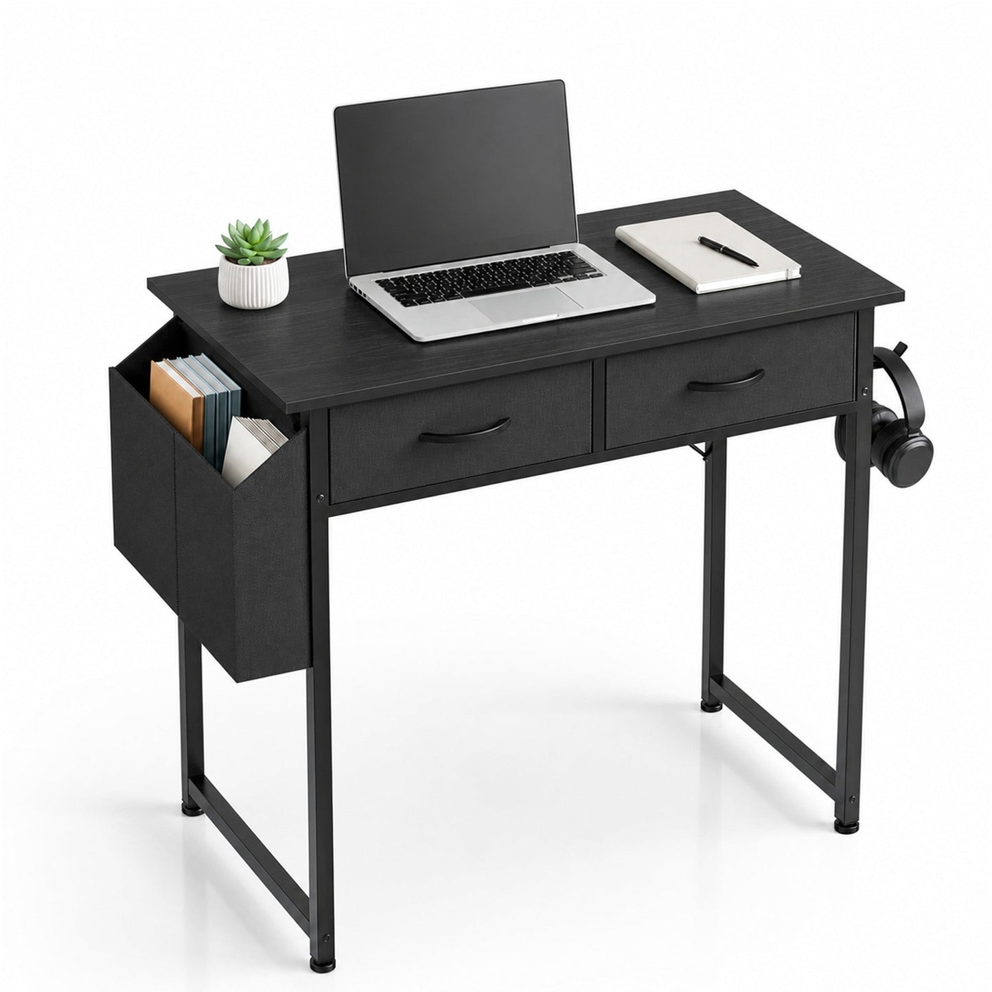 edx Small Desk with Drawers Storage Bag Iron Hook, 32 Inch Computer Desk Modern Gaming Writing Desk Study Table for Home Office, Black