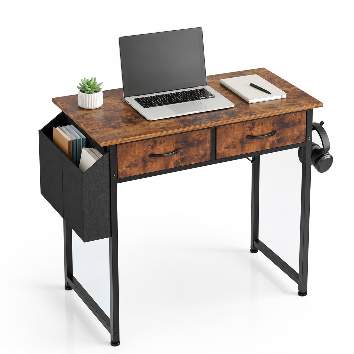 edx Small Desk with Drawers Storage Bag Iron Hook, 32 Inch Computer Desk Modern Gaming Writing Desk Study Table for Home Office, Brown Rust