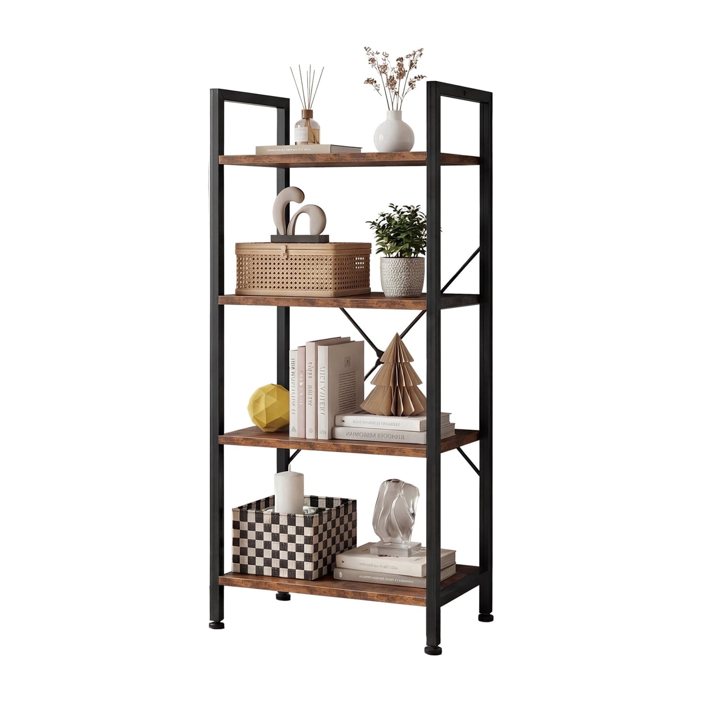 EDX Bookcase, 4 Tier Book Shelf, Storage Shelf, Classic Modern Bookcase for CDs, Movies, Books, Industrial Bookcase for Home Office, Living Room, Kitchen, Bedroom, Rust Brown