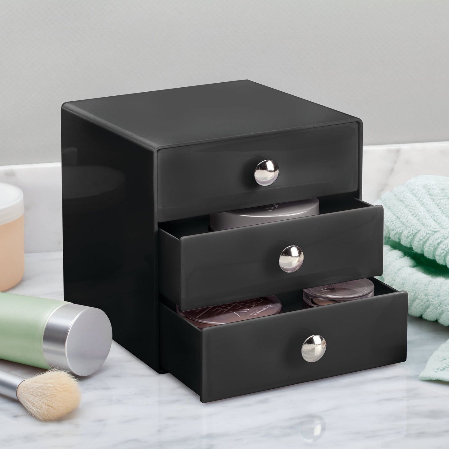 iDesign Stackable 3-Drawer Makeup Organizer for Bathroom or Vanity Storage - Black