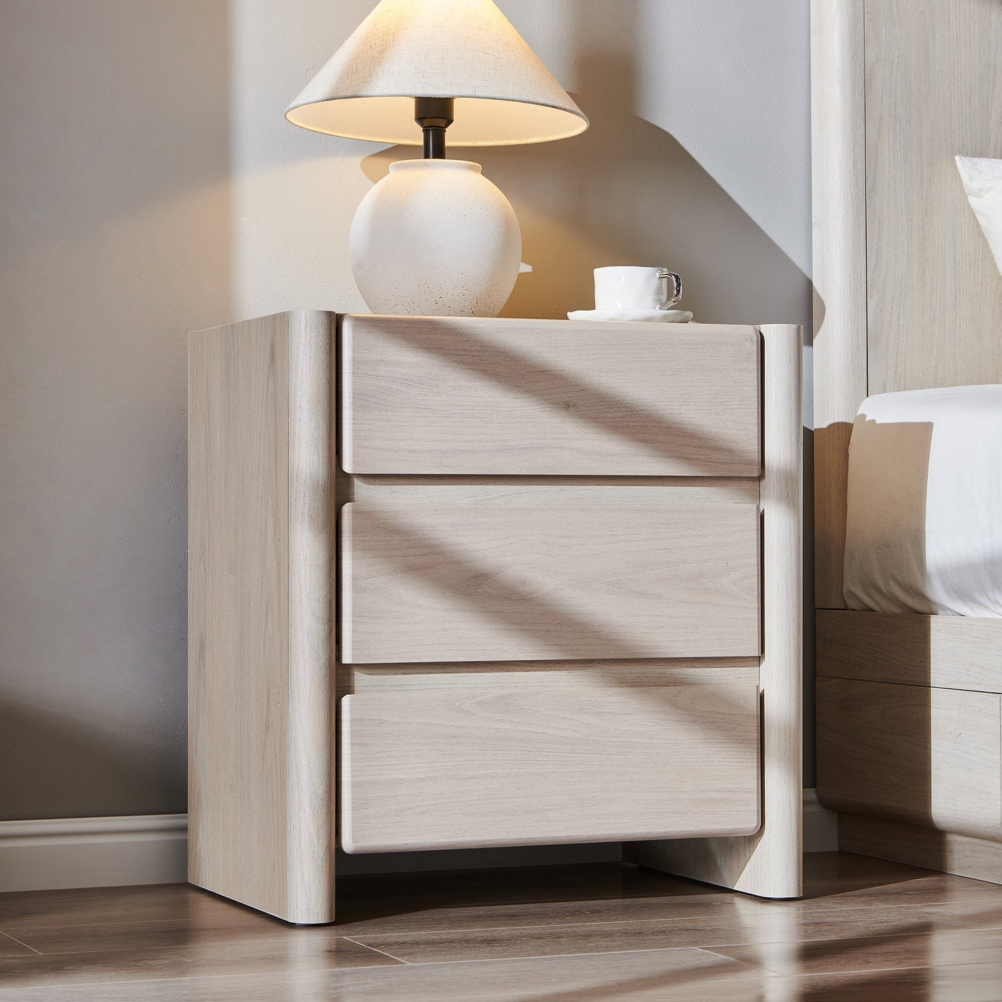 wow97e Modern Nightstand, 25" Tall Night Stand with Charging Station, 3 Storage Drawers Wood Nightstands w/Rounded Corner Design for Bedroom, Living Room, Cream