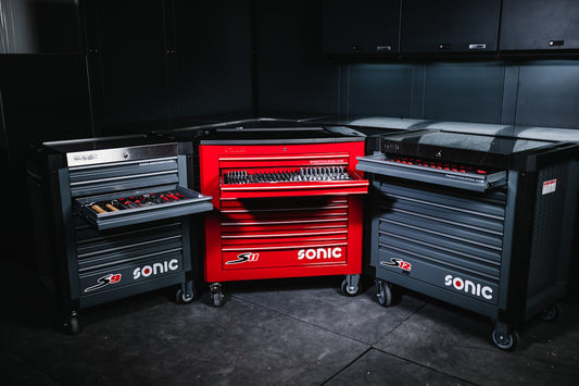 red and black tool cabinet