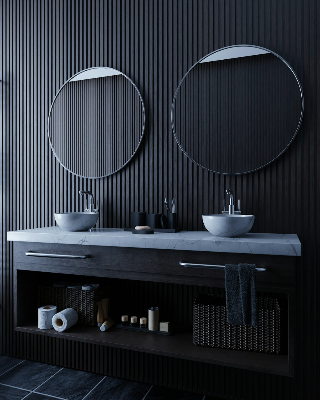 Modern bathroom vanity with two sinks and mirrors.