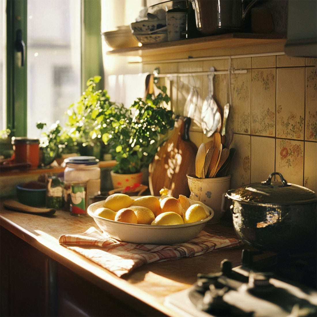 A sunny kitchen with herbs and cooking essentials.