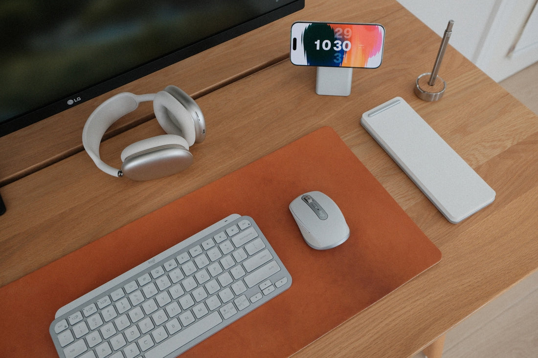 A modern workspace with computer accessories organized.