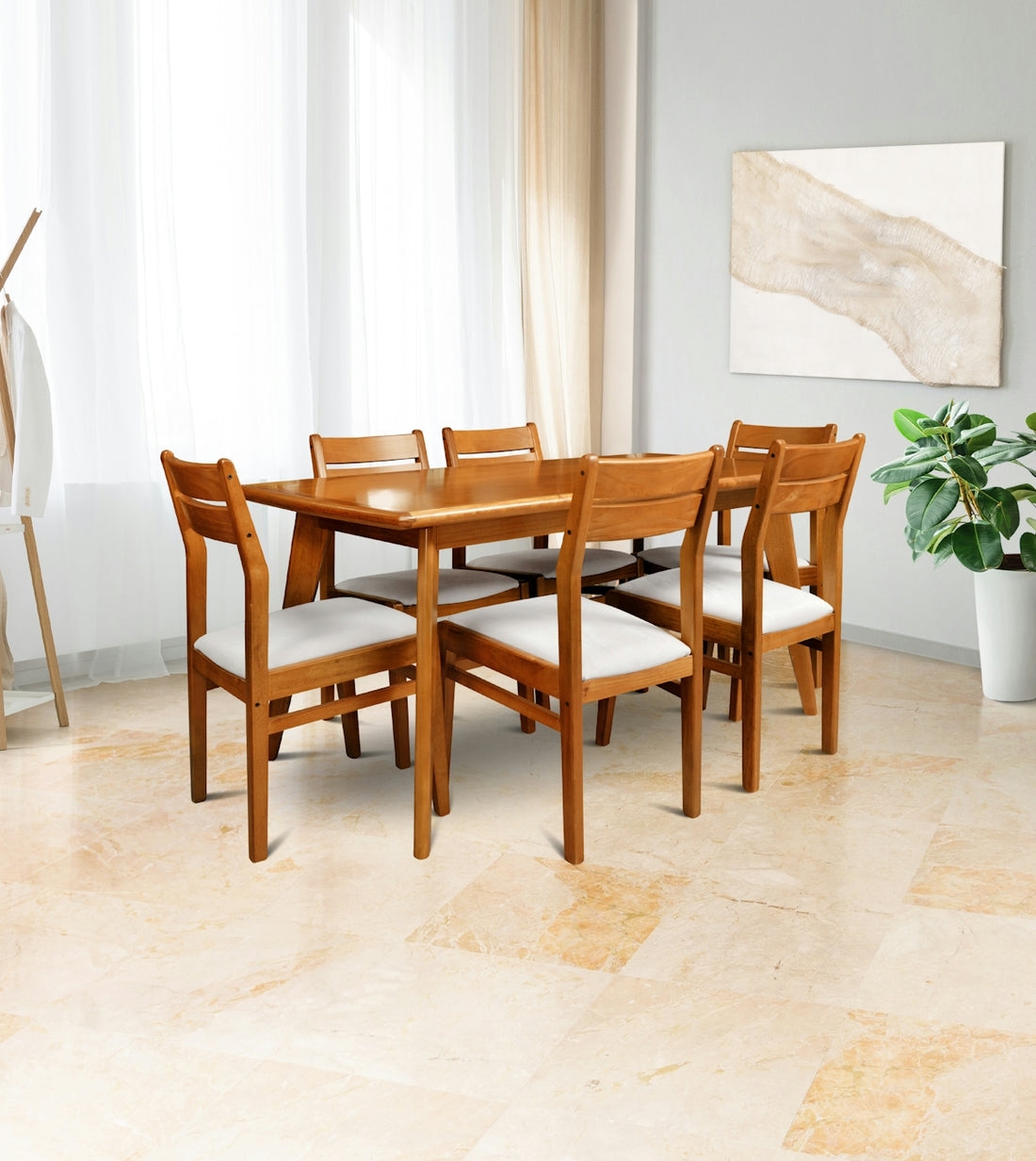 Wooden dining table with six chairs in a bright room.