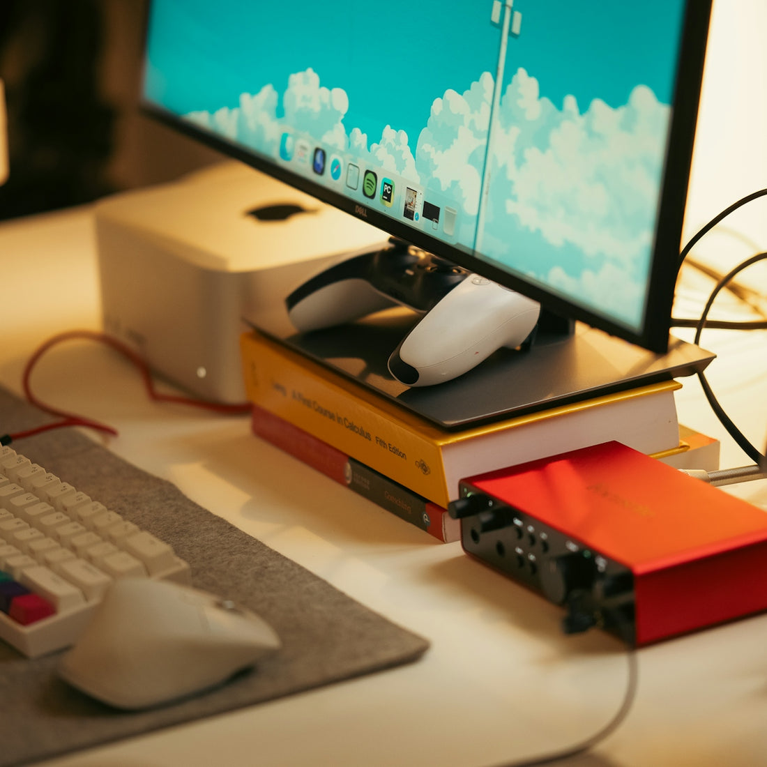 Computer setup with monitor, keyboard, and audio interface.