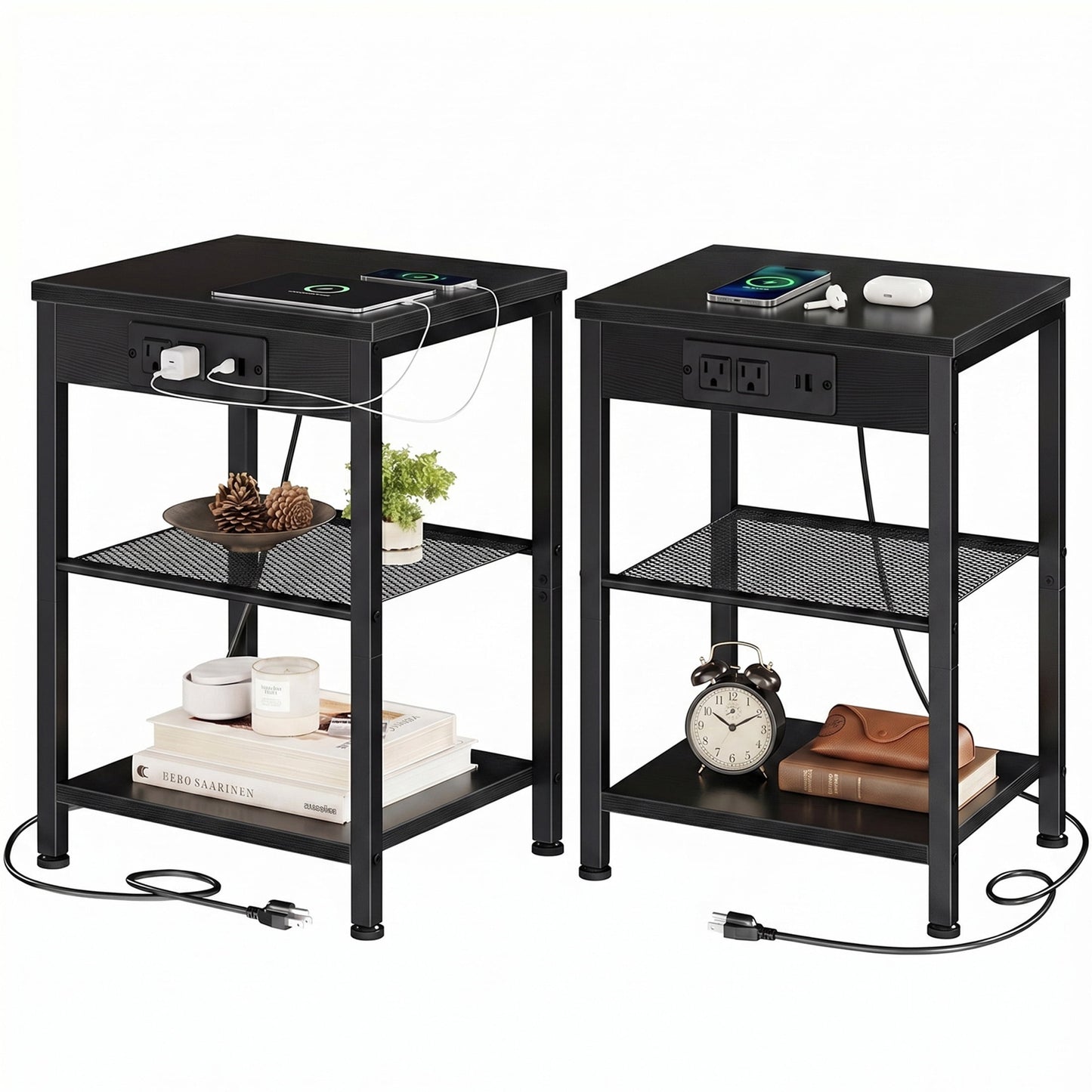 edx 3-Tier Nightstand with Charging Station, Adjustable Height Bedside Table with Storage Shelf, for Bedroom & Living Room, Easy Assembly, 55 LBS Capacity, Black