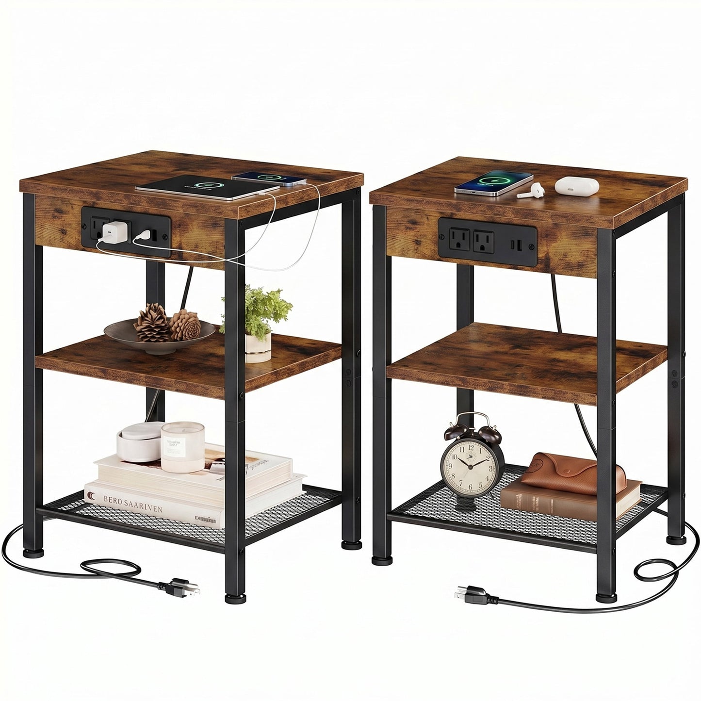 edx 3-Tier Nightstand with Charging Station, Adjustable Height Bedside Table with Storage Shelf, for Bedroom & Living Room, Easy Assembly, 55 LBS Capacity, Rustic Wood
