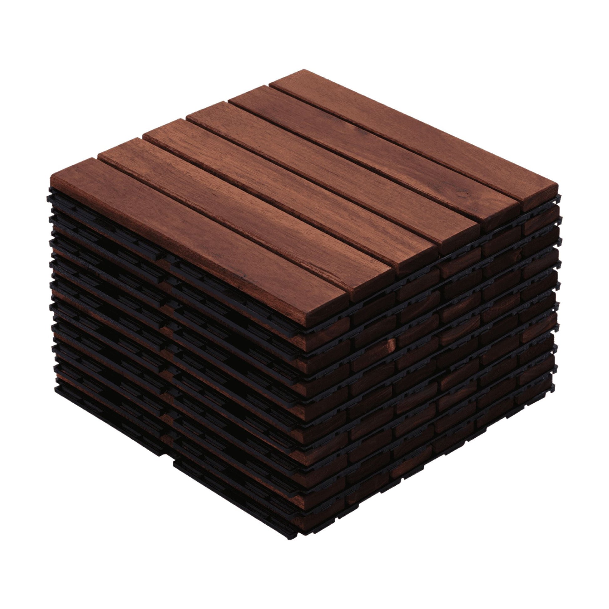 10 PCS Striped Pattern Interlocking Deck Tiles 12"x12" Square Acacia Hardwood Outdoor Flooring for Patio Balcony Pool Side Garden Porch