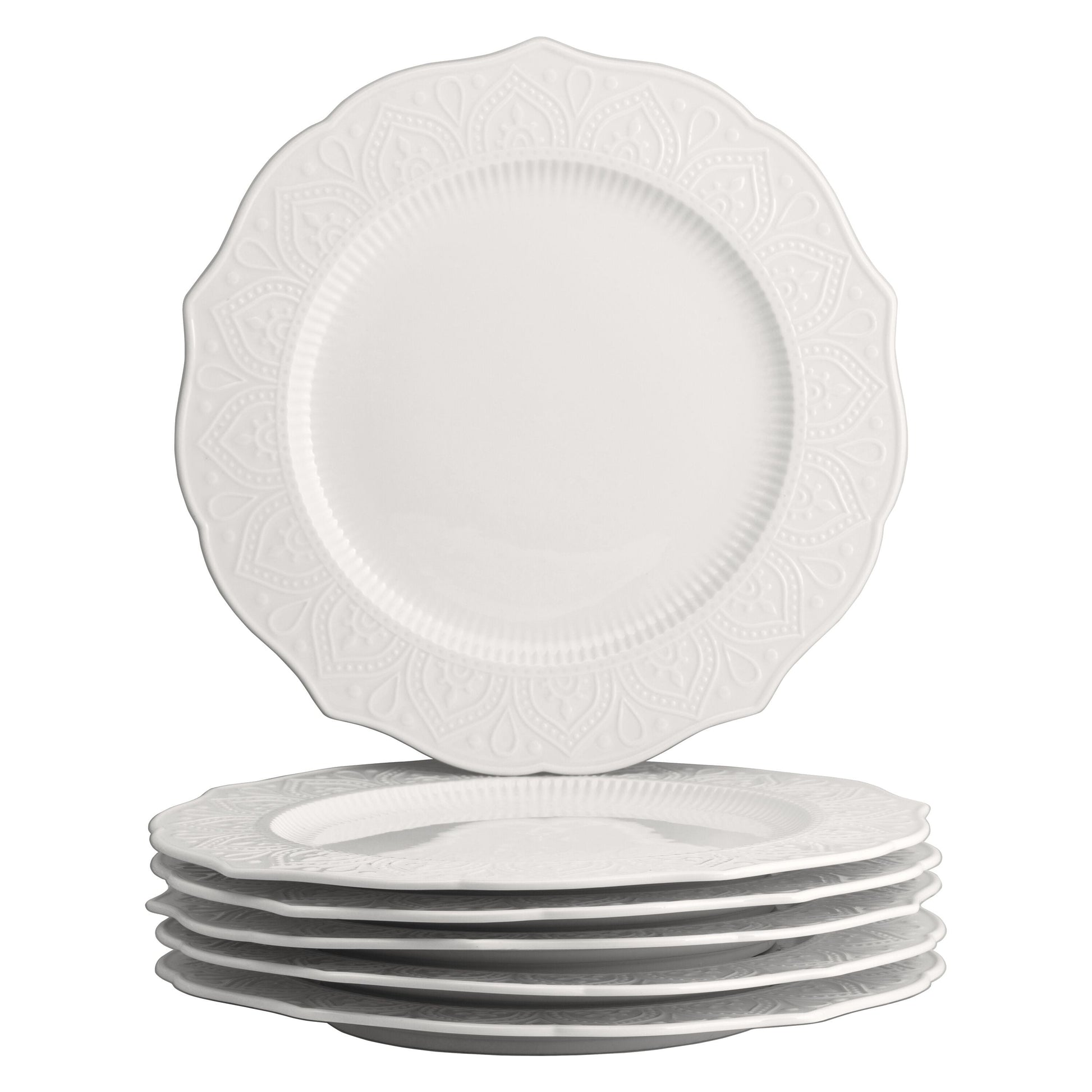 10 Strawberry Street Dahlia Porcelain 10.5" Dinner Plate, Set of 6, White
