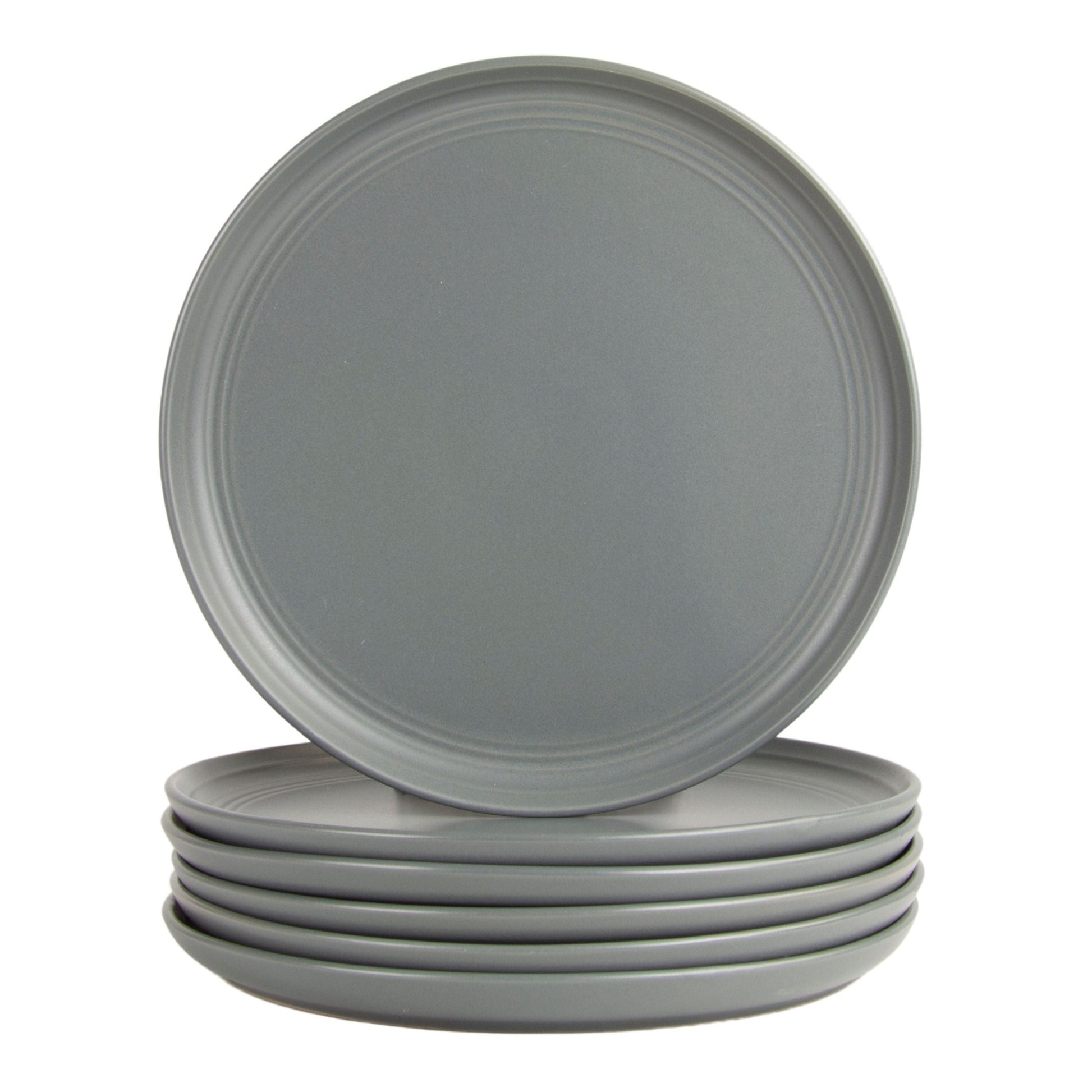 10 Strawberry Street Double Line 10.5" Round Stoneware Dinner Plate, Set of 6, Matte Gray