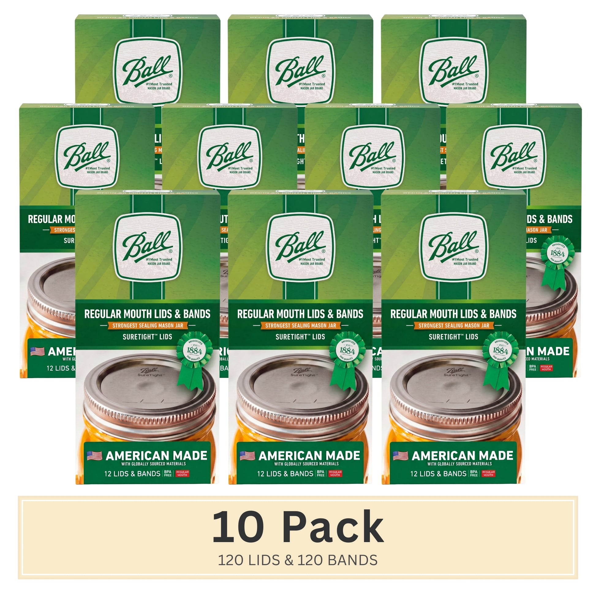 (10 pack) Ball Regular Mouth Jar Lids and Bands, 12 Count