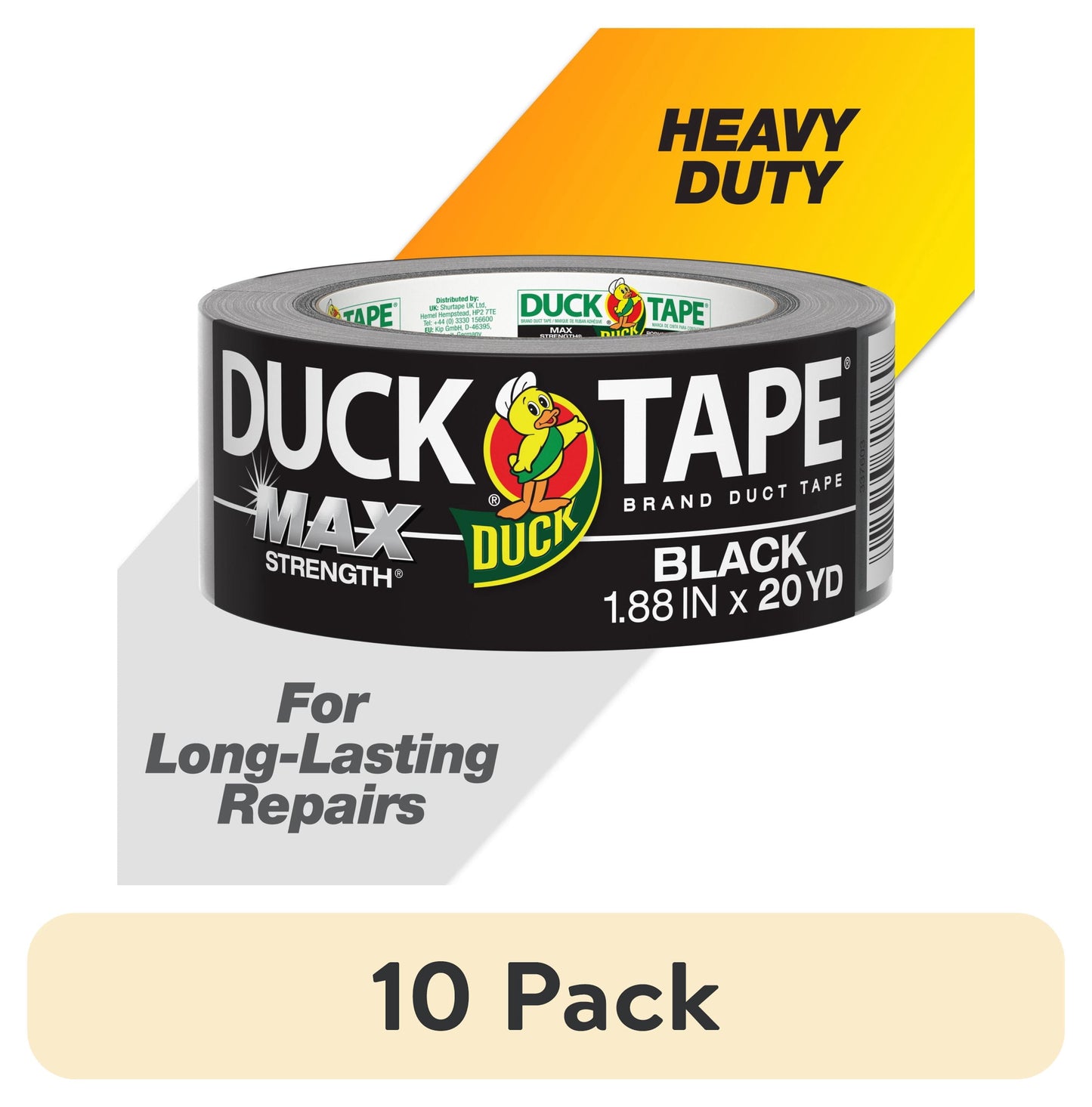 (10 pack) Duck Max Strength Brand Duct Tape, 1.88 in. x 20 yd., Black