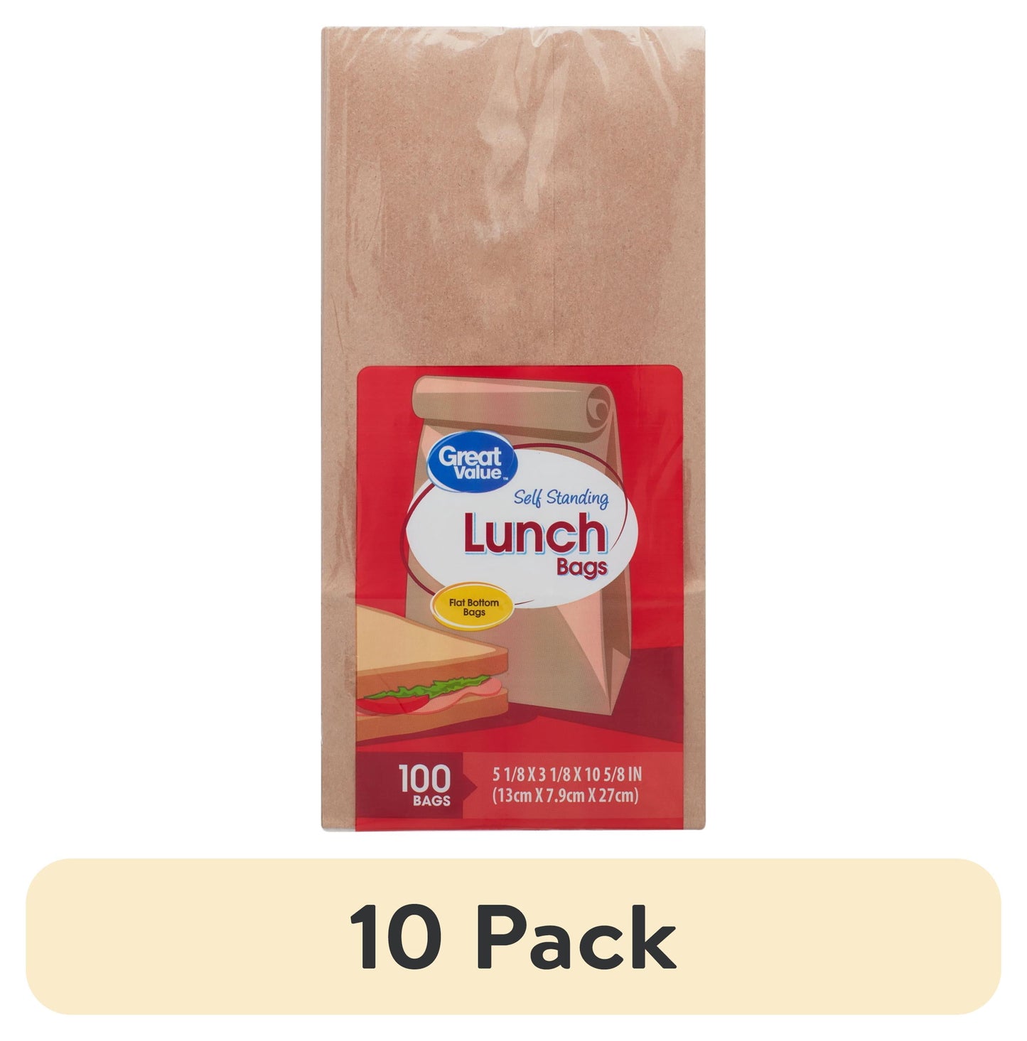 (10 pack) Great Value Self Standing Lunch Bags, 100 Count