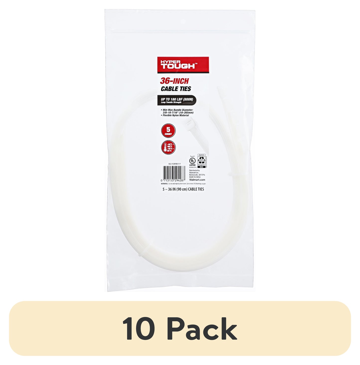 (10 pack) Hyper Tough 36inch Cable Tie Natural 5Pcs