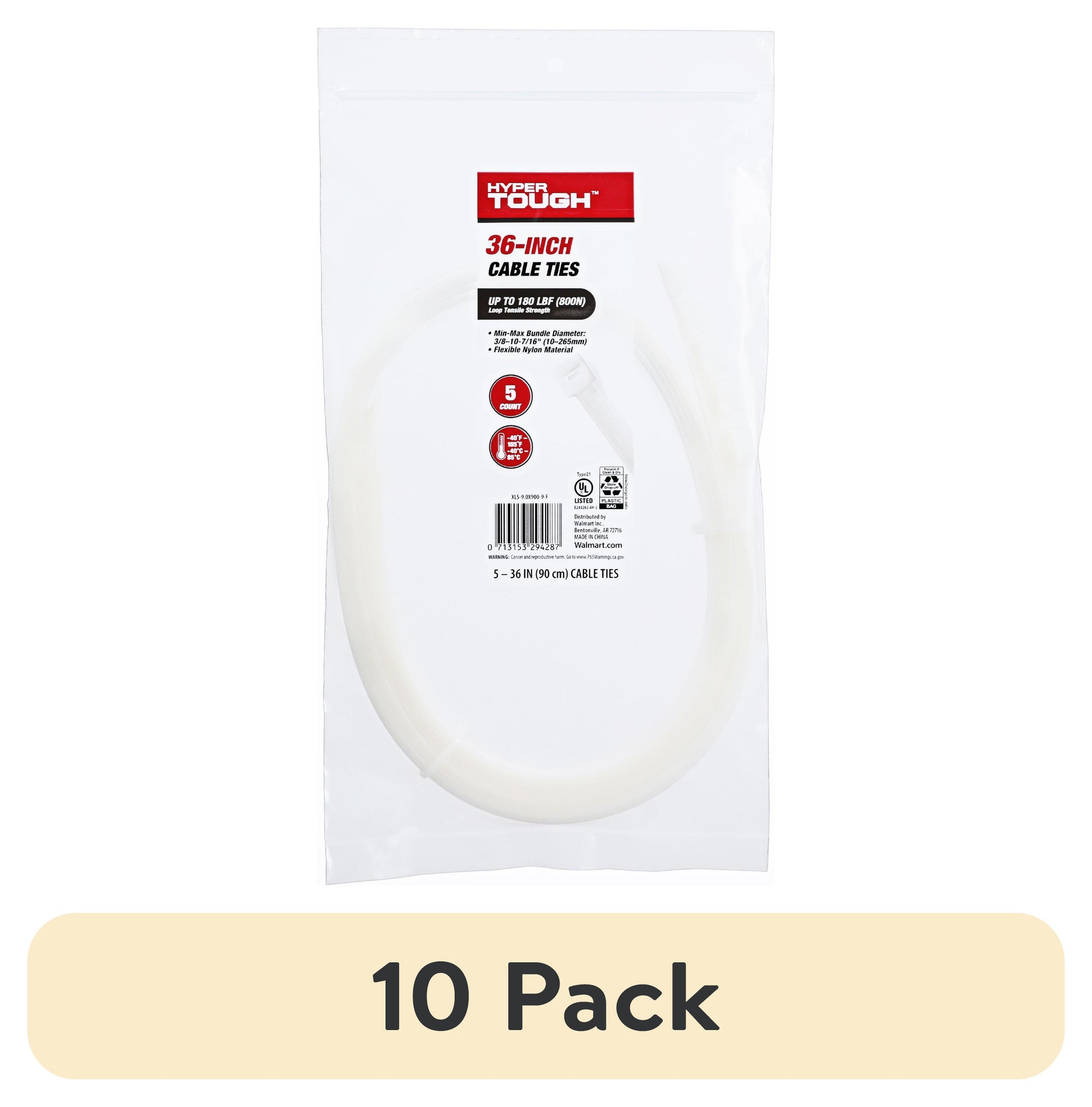 (10 pack) Hyper Tough 36inch Cable Tie Natural 5Pcs