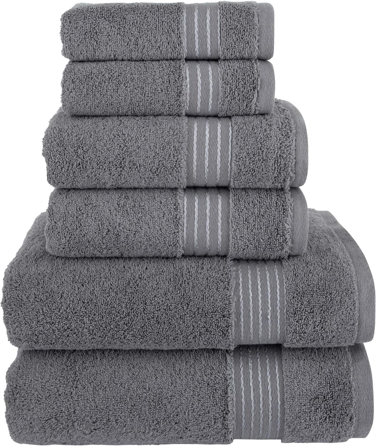 100% Turkish Cotton 6 Pcs Bath Towel Set, Luxury Bath Towels for Bathroom, Soft & Absorbent Bathroom Towels Set (2 Bath Towels, 2 Hand Towels, 2 Washcloths), Grey