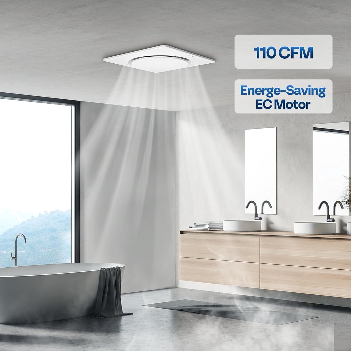 110 CFM Bathroom Exhaust Fan, Energy-Efficient EC Motor, 10.2-Inch Retrofit Ventilation Fan with Installation Kit and 4-Inch Duct â€“ No Attic Access Needed
