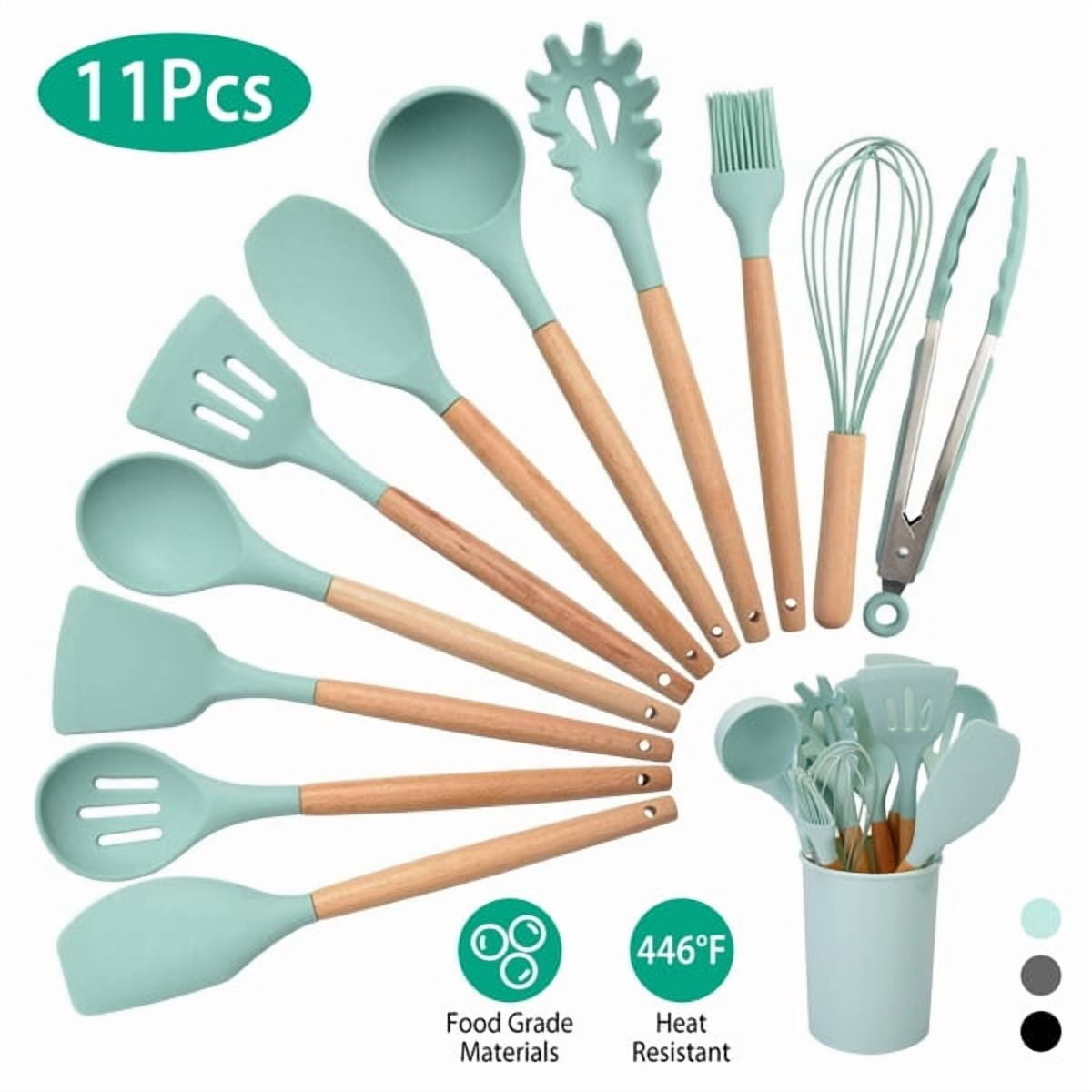 Juego de Utensilios de Cocina de Silicona de 11 Pzas Resistente Al Calor con Mango de Madera EspÃ¡tula de Silicona CucharÃ³n Espaguetis Pinzas para Servir Cuchara Batidor de Huevos Juego de Utensilios de Cocina con Soporte Negro