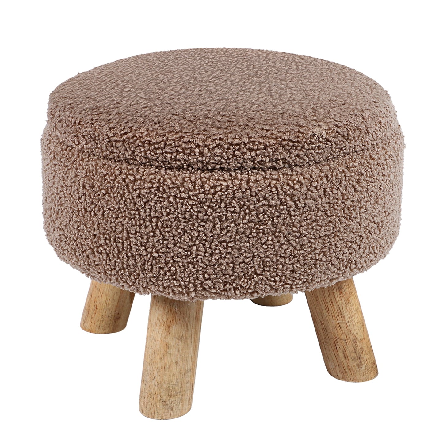 12.5" Round Brown Teddy Storage Ottoman, Wooden Leg Vanity Stool with Removable Lid, Multifunctional Sherpa Fleece Footrest Stool for Living Room, Bedroom, and Nursery