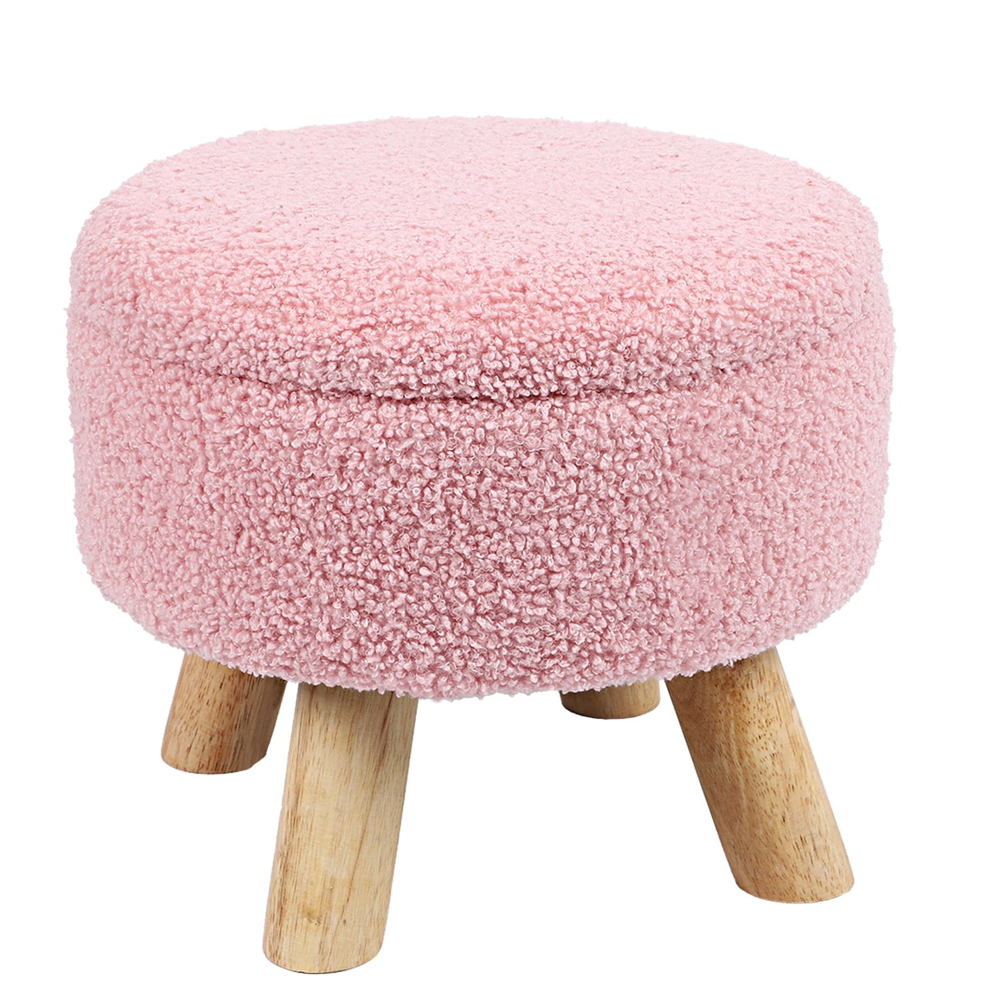 12.5" Round Pink Teddy Storage Ottoman, Wooden Leg Vanity Stool with Removable Lid, Multifunctional Sherpa Fleece Footrest Stool for Living Room, Bedroom, and Nursery