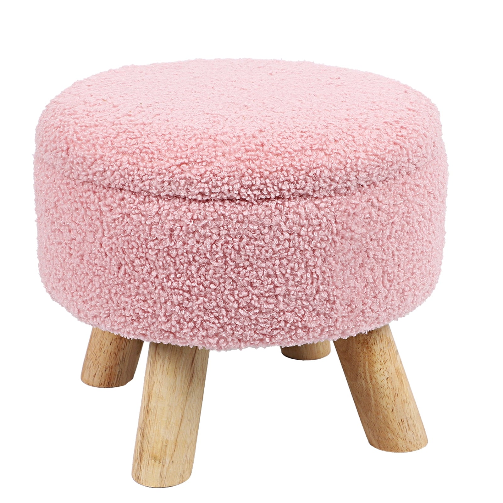 12.5" Round Pink Teddy Storage Ottoman, Wooden Leg Vanity Stool with Removable Lid, Multifunctional Sherpa Fleece Footrest Stool for Living Room, Bedroom, and Nursery