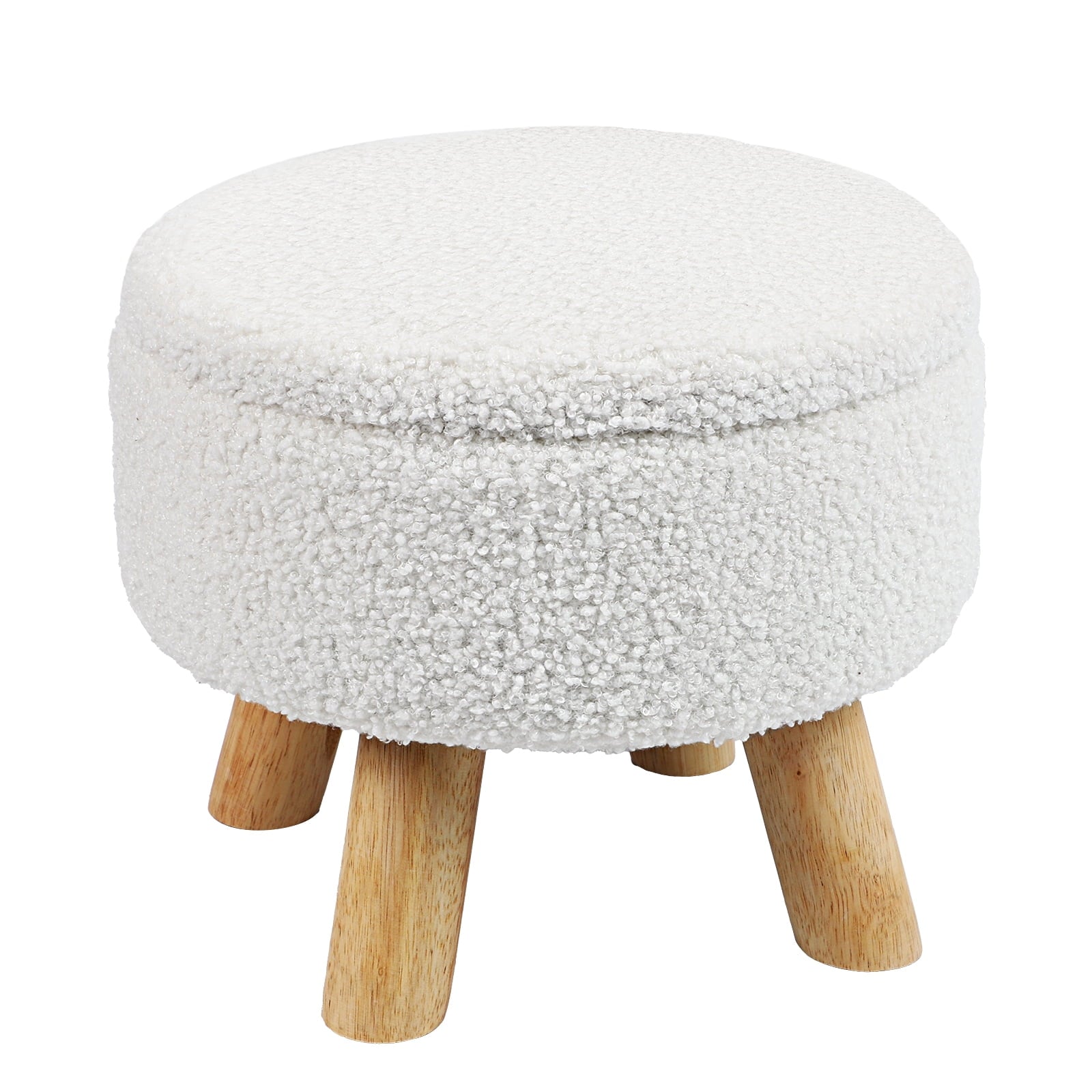 12.5" Round White Teddy Storage Ottoman, Wooden Leg Vanity Stool with Removable Lid, Multifunctional Sherpa Fleece Footrest Stool for Living Room, Bedroom, and Nursery