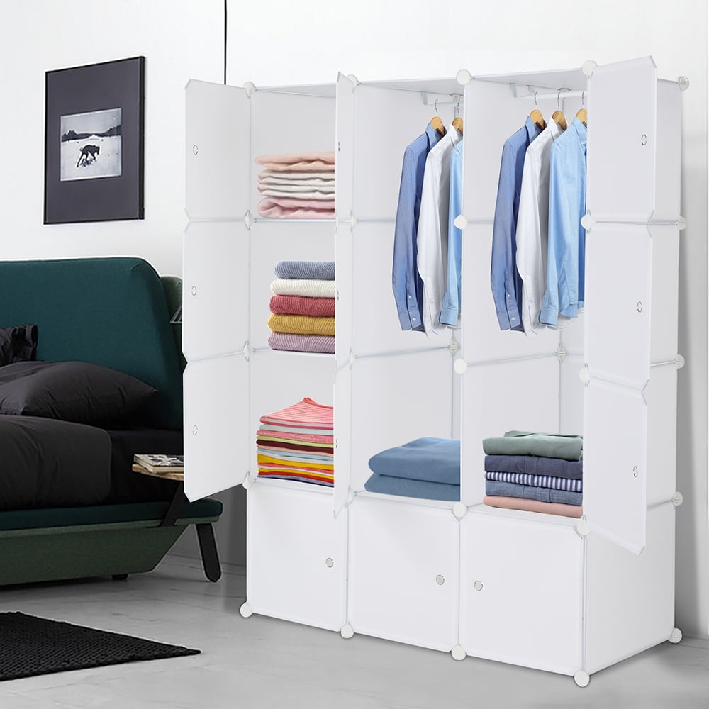 12-Cube Storage Organizer Stackable White Modular Shelves with Hanging Rod for Home & Office Organization