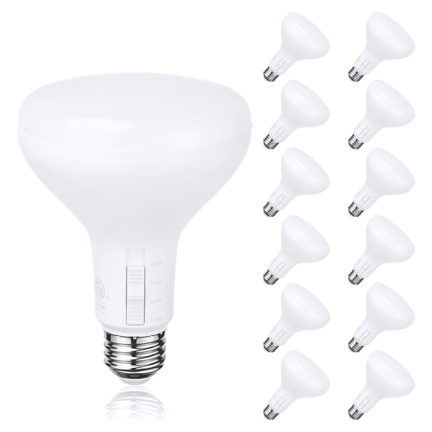 12 Pack 5CCT BR30 LED Light Bulbs, Dimmable, 6.5W, E26 Base, 2700K/3000K/3500K/4000K/5000K Selectable, Recessed Can Light Bulbs, UL FCC Listed