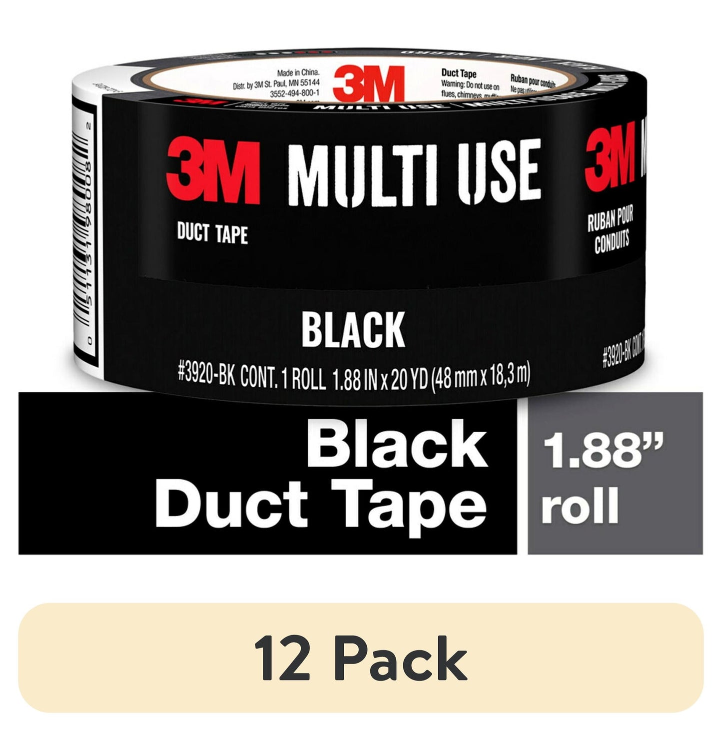 (12 pack) 3M Duct Tape, 1.88 in x 20 yd, Black, 1 Roll/Pack