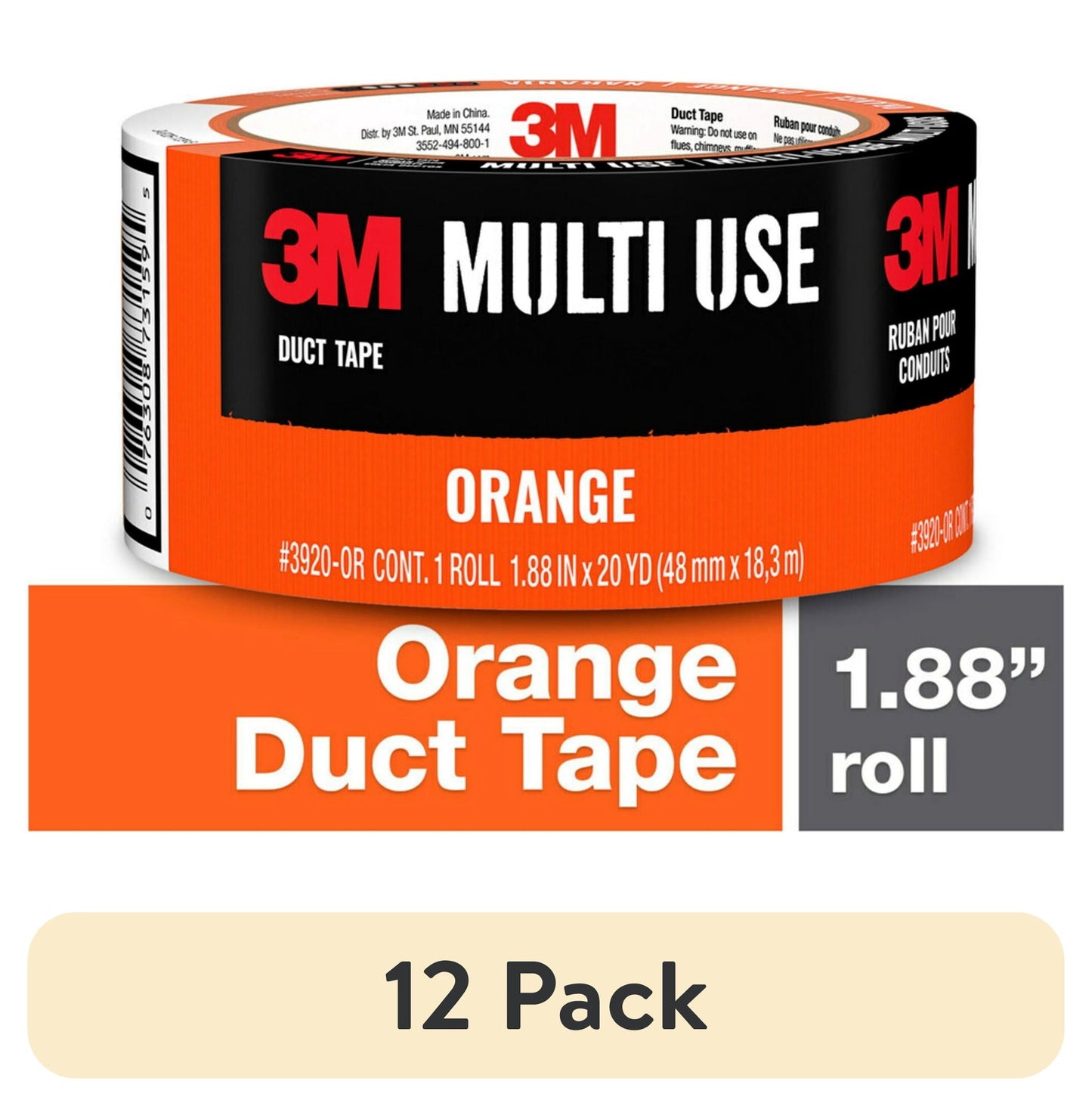 (12 pack) 3M Duct Tape, Orange, Multi Use, 1.88 in x 20 yd, 1 Roll