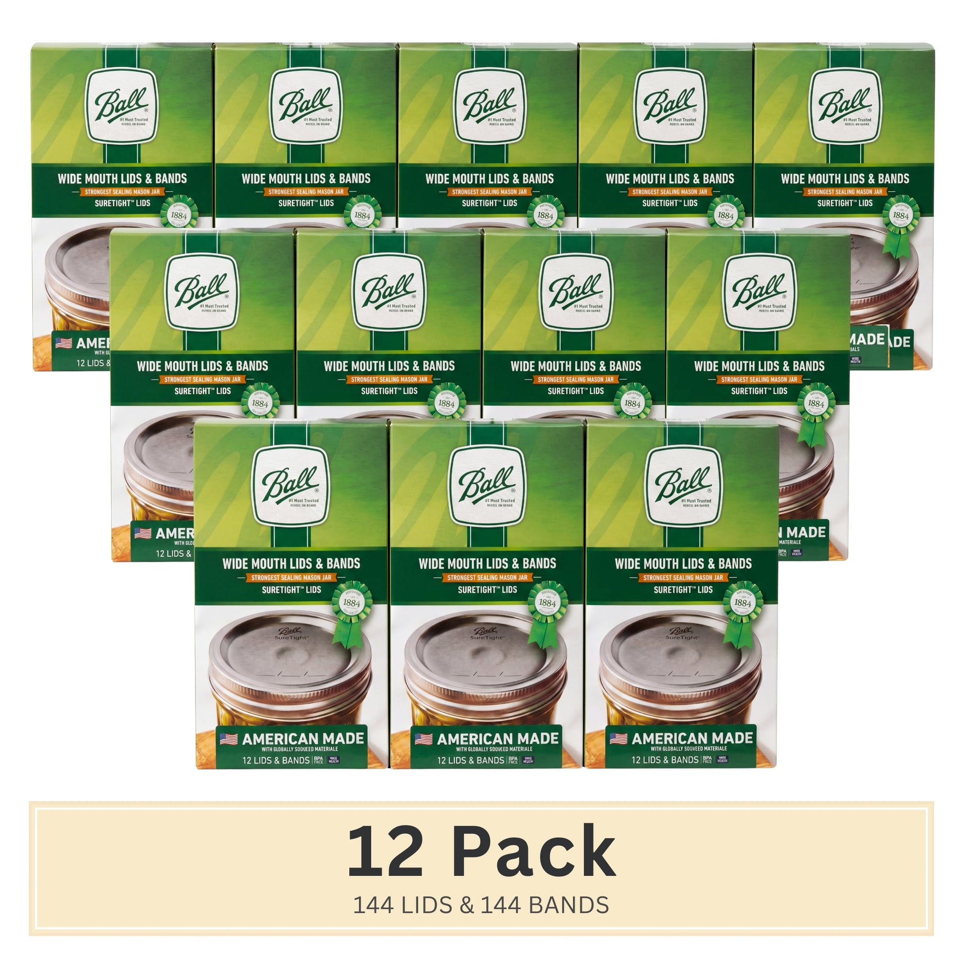 (12 pack) Ball, Wide Mouth Lids with Bands, BPA Free, 12 Count