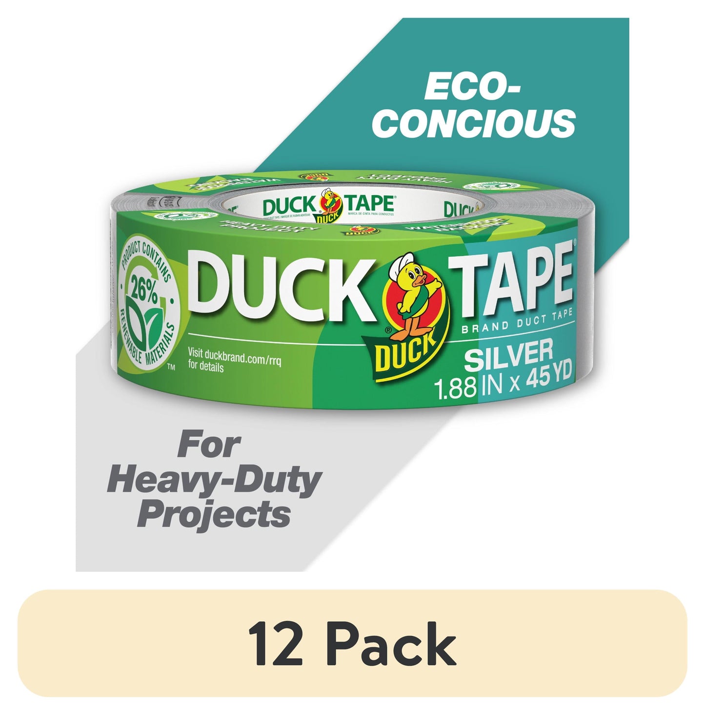 (12 pack) Duck Renewable Material Duck Tape - Silver, 1.88 in. x 45 yard