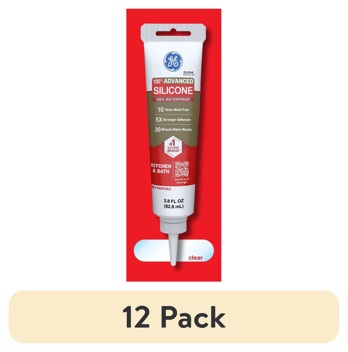 (12 pack) GE Advanced Silicone Kitchen & Bath Sealant, Pack of 1, Clear 2.8 fl oz Tube