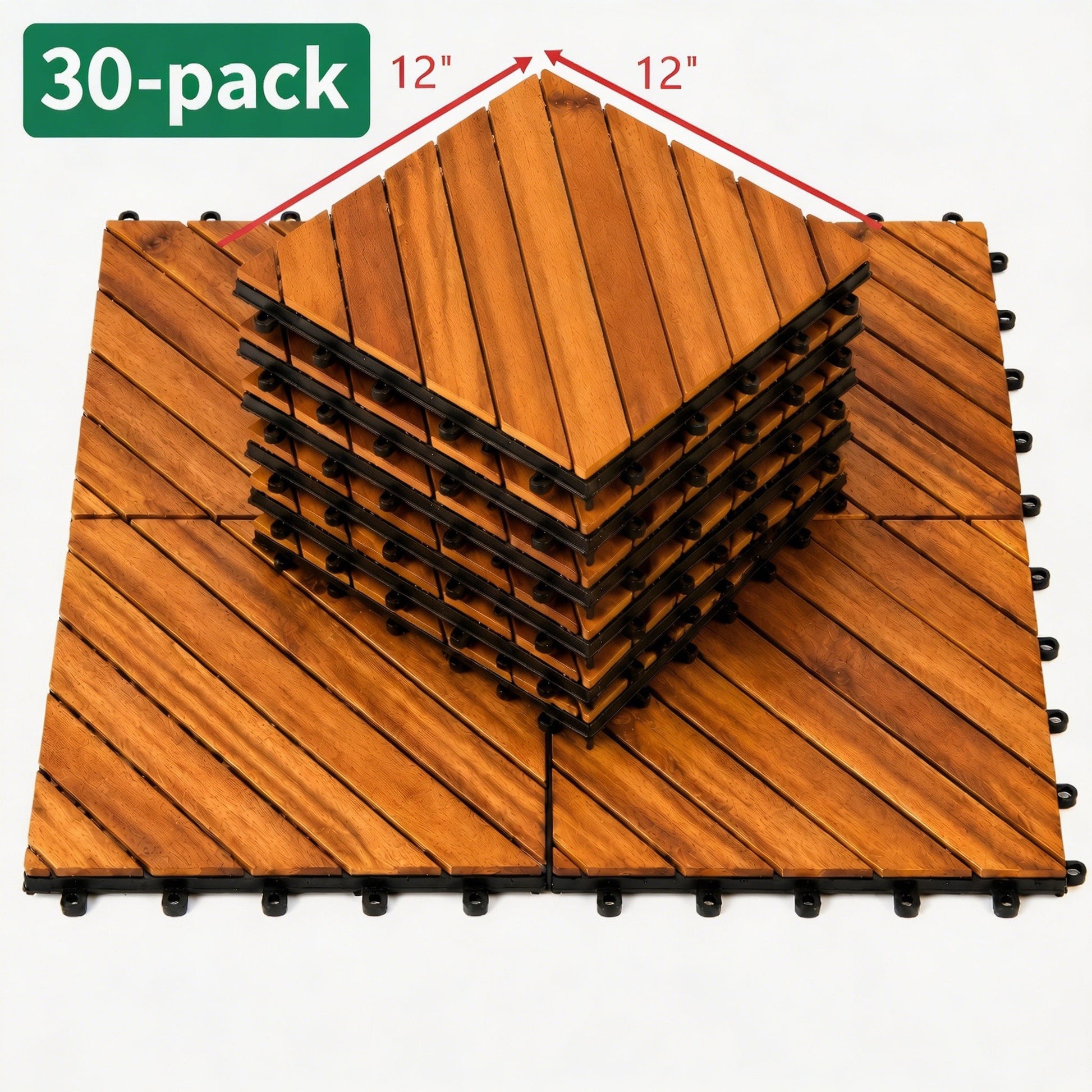 12"x12" Acacia Wood Interlocking Deck Tiles Outdoor Patio Flooring DIY Snap-On 30 Pack